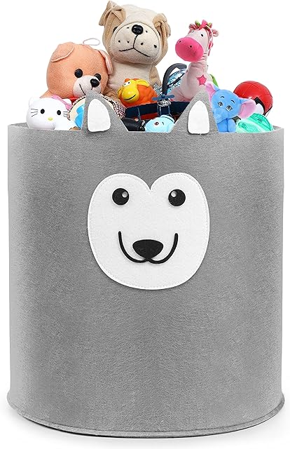 Budding Bear Soft Toy Storage - 30L/8 Gallon Toddler & Baby Washing Basket Made of 100% Eco-Friendly, Recycled Felt Material - Large (35x35cm/14x14") Washable - For Nursery & Kids Bedrooms (Husky Dog)