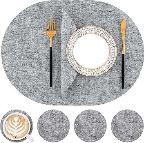Homaxy Manteles individuales y posavasos redondos de piel sintética, lavables de doble cara, lavables y resistentes al calor, para exteriores e