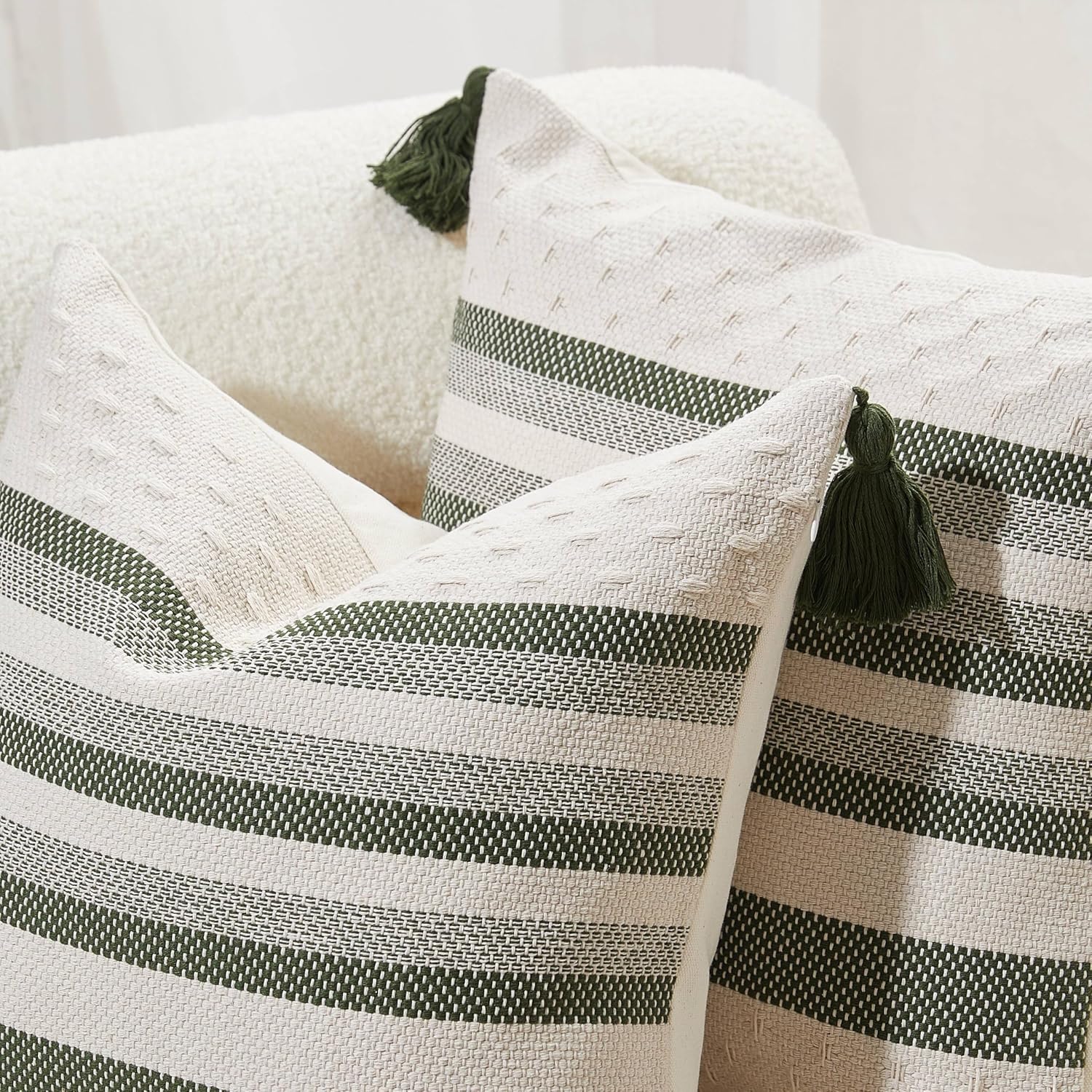 Boho Throw Pillow Covers with Tassels Woven Set of 2, 18x18 Inch Striped Textured Couch Throw Pillows for Couch Bed Sofa Bedroom Modern Funky (Sage Green, 18"x18"(Pack of 2))