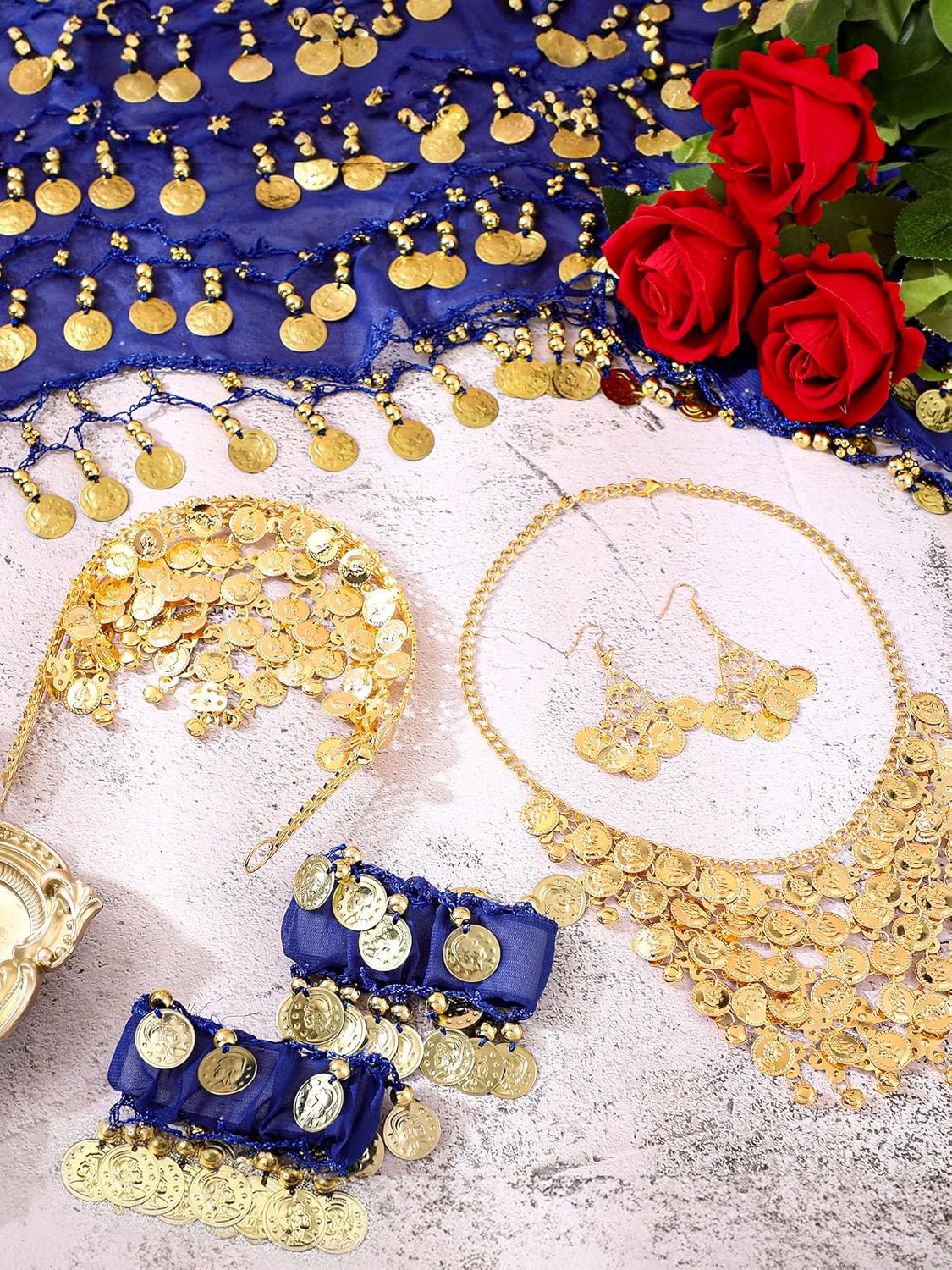 Gypsy Costume Women Belly Dancer Jewelry Hip Scarf with Coin, Gypsy Headpiece Gold Necklace Earrings Bracelets
