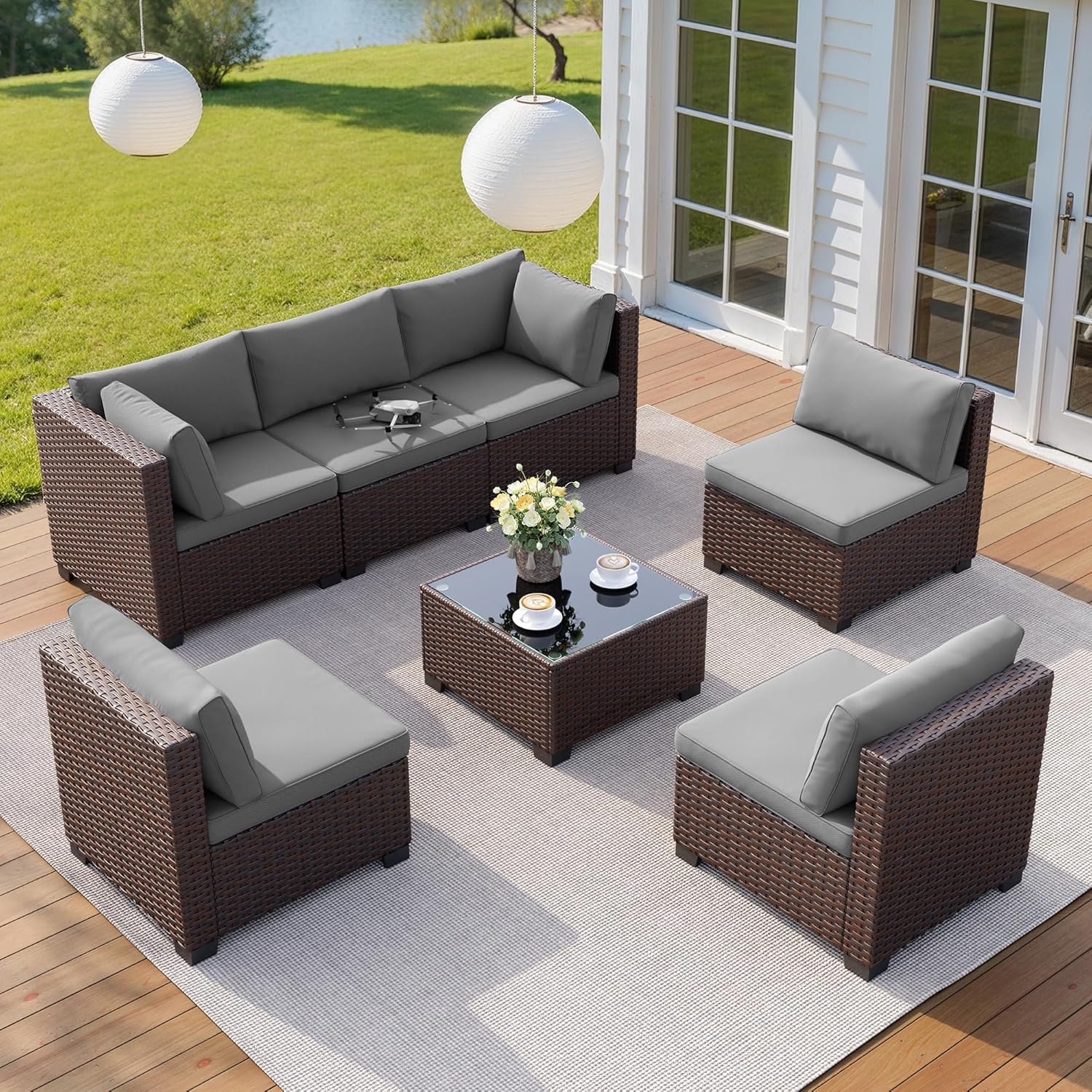 7 Pieces Outdoor Patio Furniture Set, PE Rattan Outdoor Wicker Sectional Furniture Sofa Set, with Cushions and Glass Coffee Table, for Balcony, Porch, Garden, Grey
