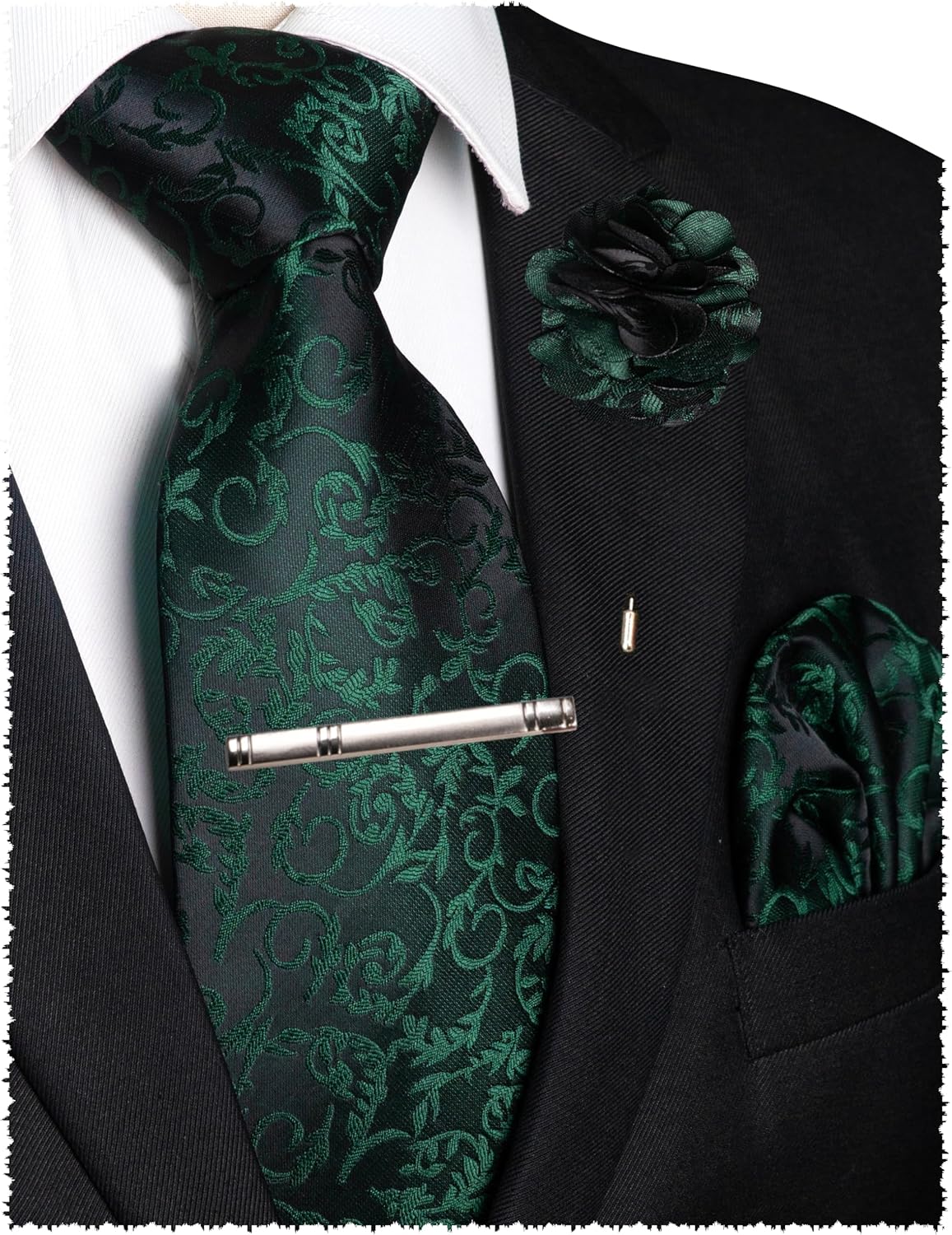 JEMYGINS Mens Floral Tie and Lapel Pin Necktie Pocket Square and Tie Clip with Sets for Business Casual 4PCS - Image 2