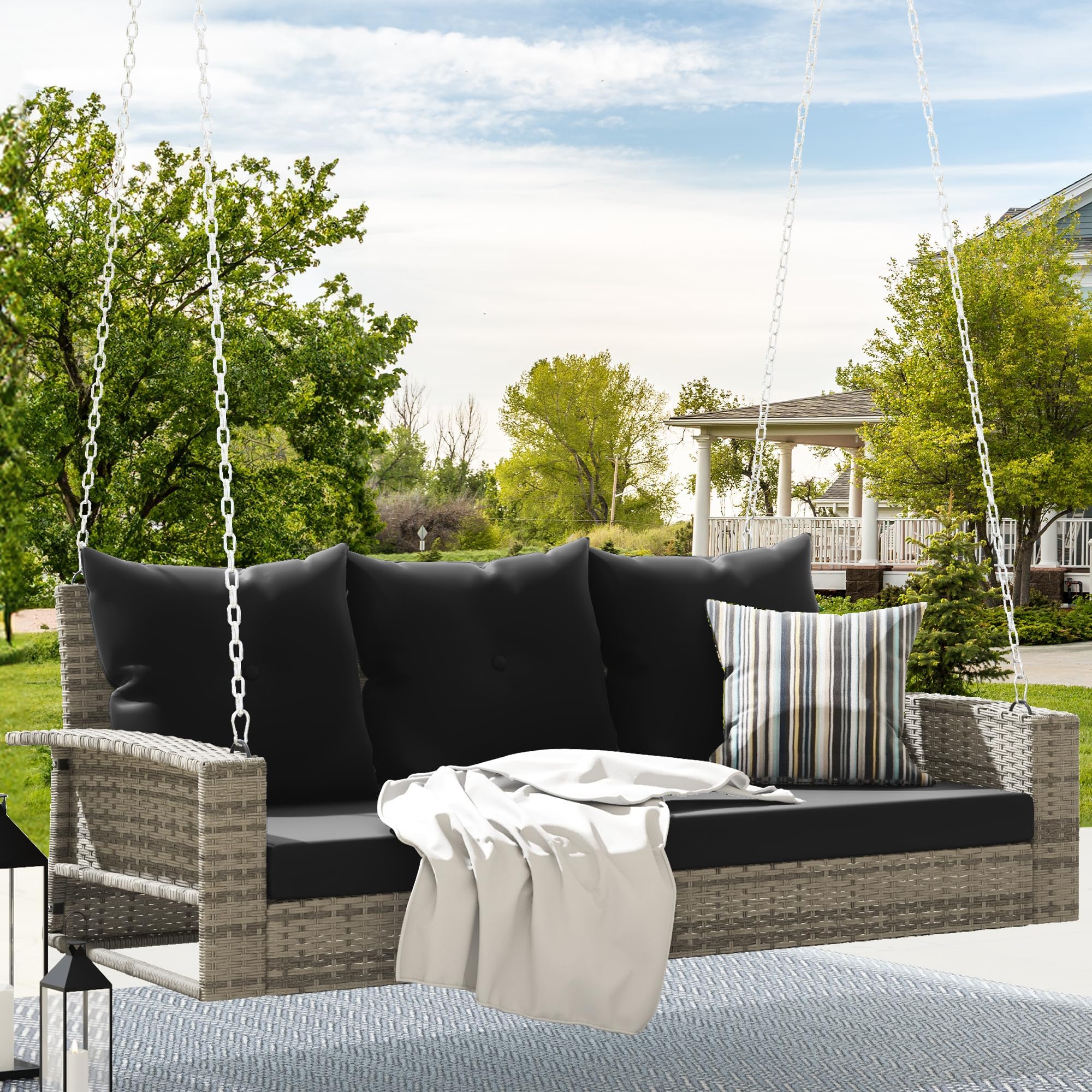 DWVO 3-Seats Wicker Hanging Porch Swing Chair Outdoor Gray Rattan Patio Swing Lounge 3 Back Cushions Capacity for Garden, Balcony, Gray Rattan Black Cushion