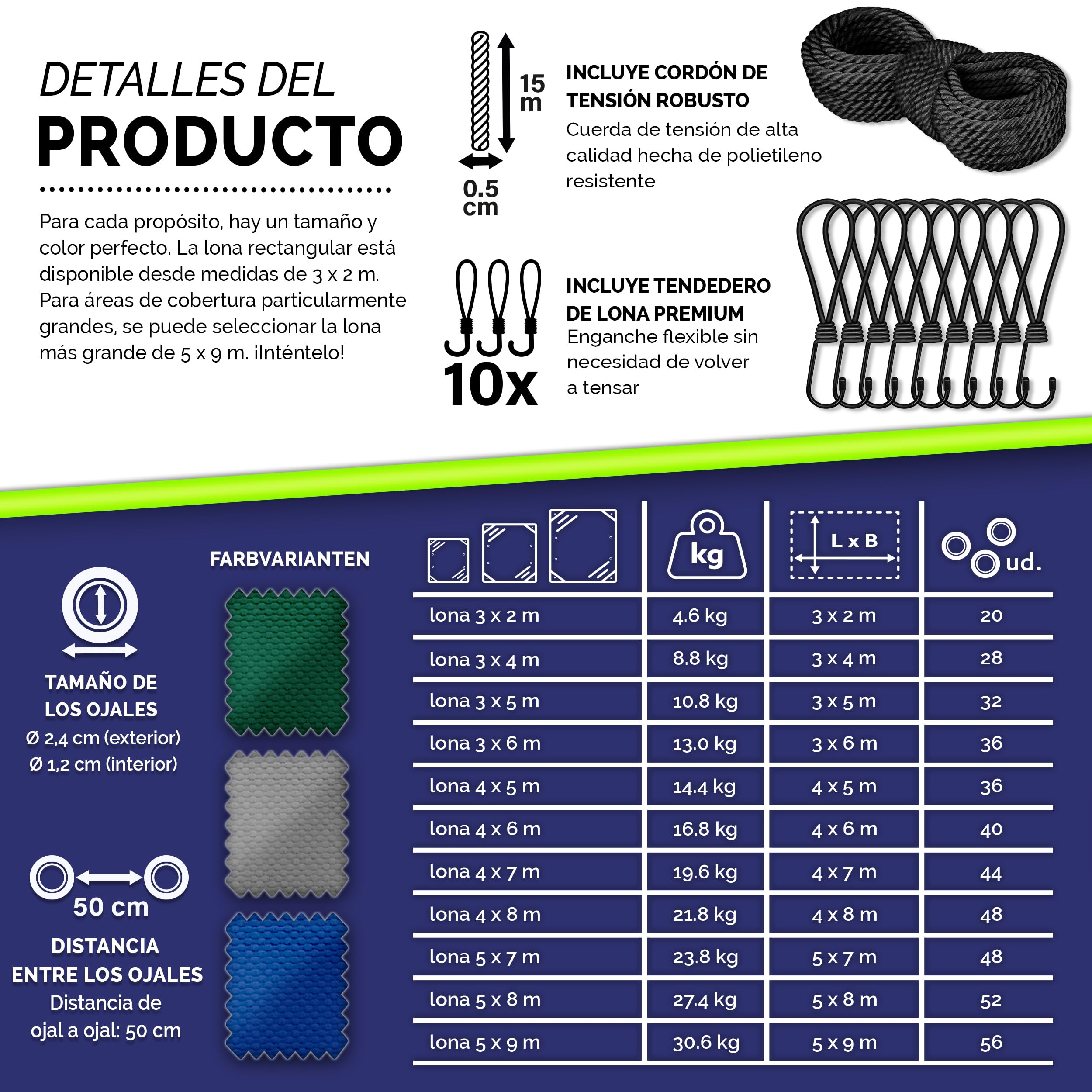 tillvex® Lona con Ojales + 10 Ganchos y Cuerda de 15 m, Lona de 650 g/m² Exterior, Impermeable y al desgarro, Lona de PVC Universal para Camiones, Piscinas, Muebles de jardín, Cubierta Madera,