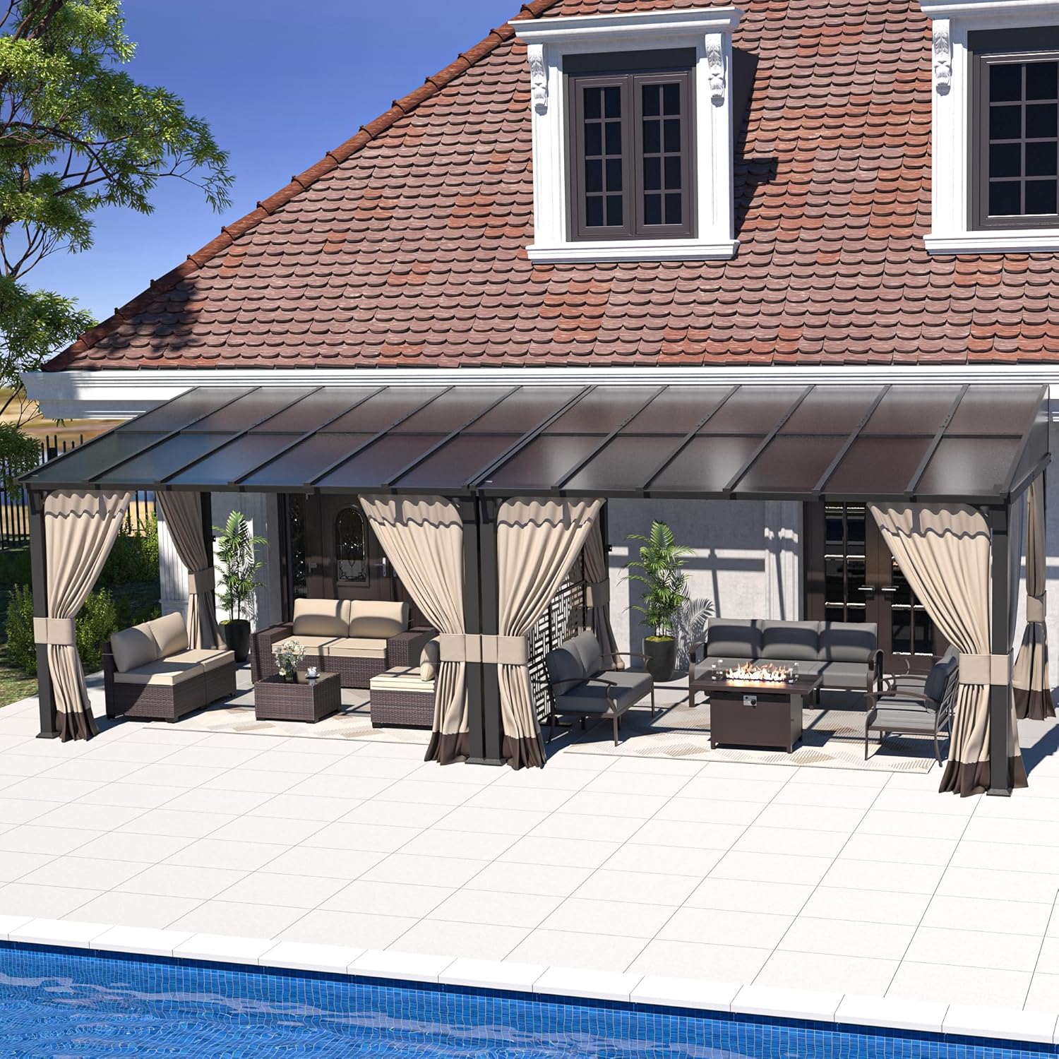 Delnavik Outdoor Lean to Gazebo 10x24FT, Hardtop Wall