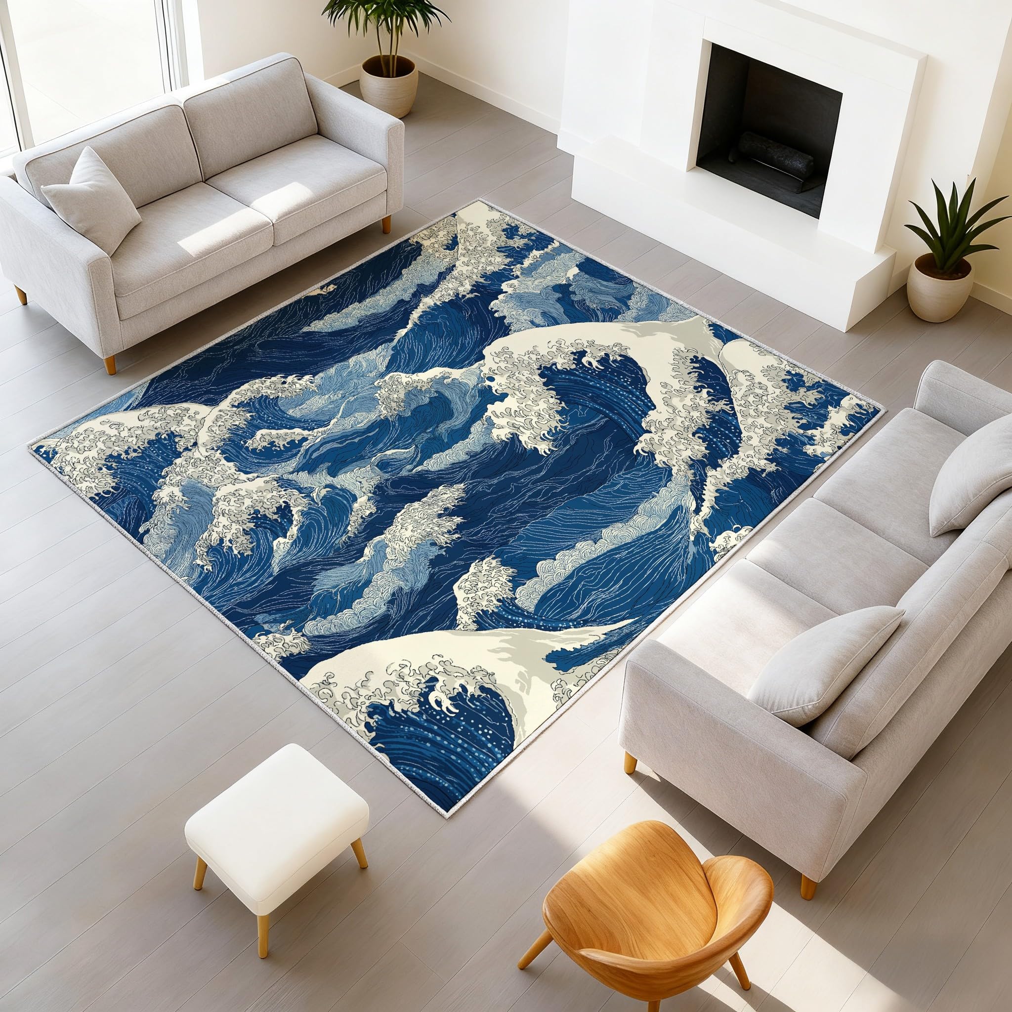 Puszysty dywan w stylu japońskim, retro, ocean, manga, fale, ciemnoniebieski, biały, nie gubi włosia, łatwy do czyszczenia, do biura, jadalni, kuchni, dekoracja, 90 x 150 cm