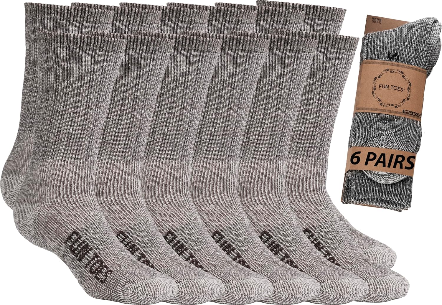 FUN TOES Men's Hiking Crew Merino Wool Socks 6 Pairs Lightweight, Reinforced Size 8-12