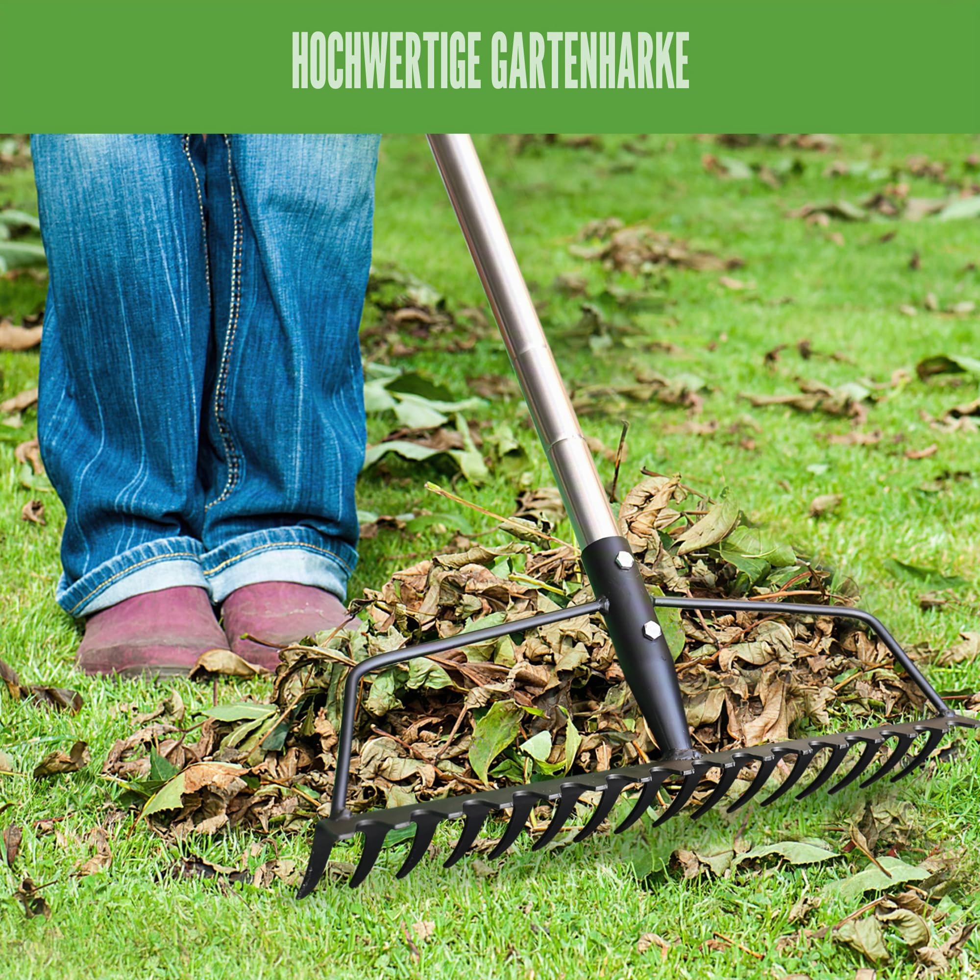 YEELOR Garten Rechen, Karbonstahl, Stabiler und robuster Karbonrechen, Bogenrechen mit verstellbarem Edelstahlgriff, Langer Handrechen zum Lösen des Bodennivellierens, Mulchsammeln von Laub