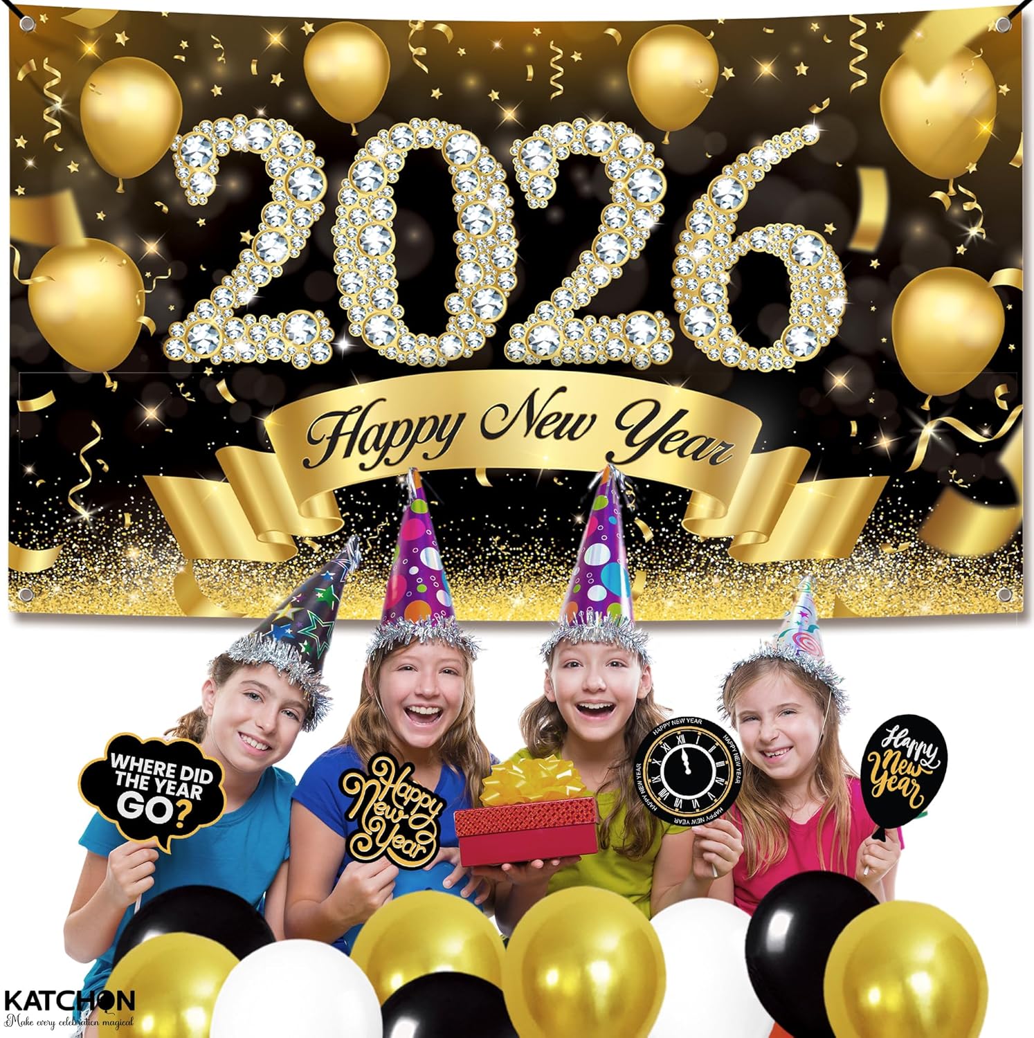 Katchon, Xtralarge Happy New Year Banner - 72x44 Inch | Happy New Year 2026 Banner for New Years Decorations 2026 | New Years Backdrop for New Years Eve Party Supplies 2026 | NYE Decorations 2026 - Image 6