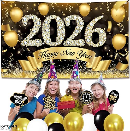 Miniatura 6 de KatchOn, XtraLarge Happy New Year Banner 2026 - 72x44 Inch New Year Backdrop for Happy New Years Decorations 2026 Eve Banner 2026 NYE Oro