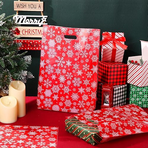 Miniatura 4 de Honoson 300 bolsas de regalo de plástico de Navidad a granel de 12 x 15 pulgadas, bolsas de mercancía de copo de nieve reutilizables con asa para