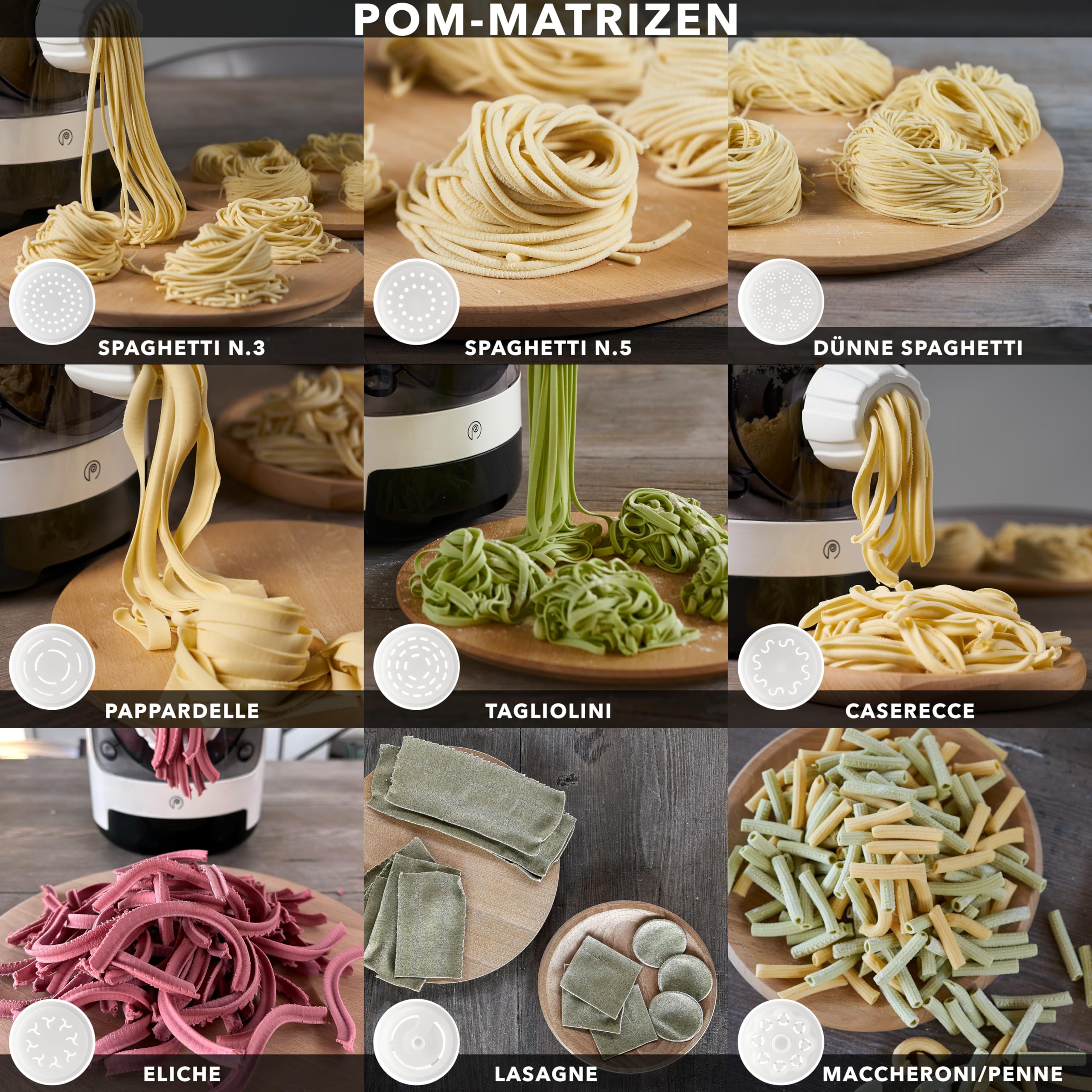 Pastaio Nudelmaschine mit 14 Aufsätzen, 3 aus Bronze, integrierte Waage, bis 800 g Teig, 19 Nudelsorten Classe Italy