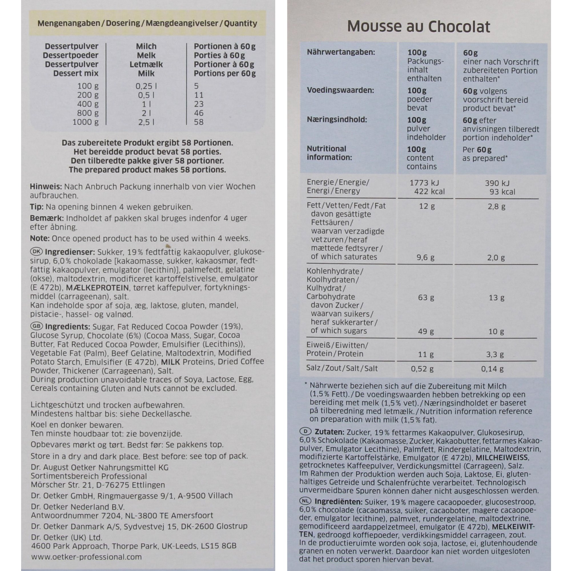 Dr. Oetker Professional Mousse au Chocolat mit Schokoladenstückchen, Dessertpulver in 1 kg Packung