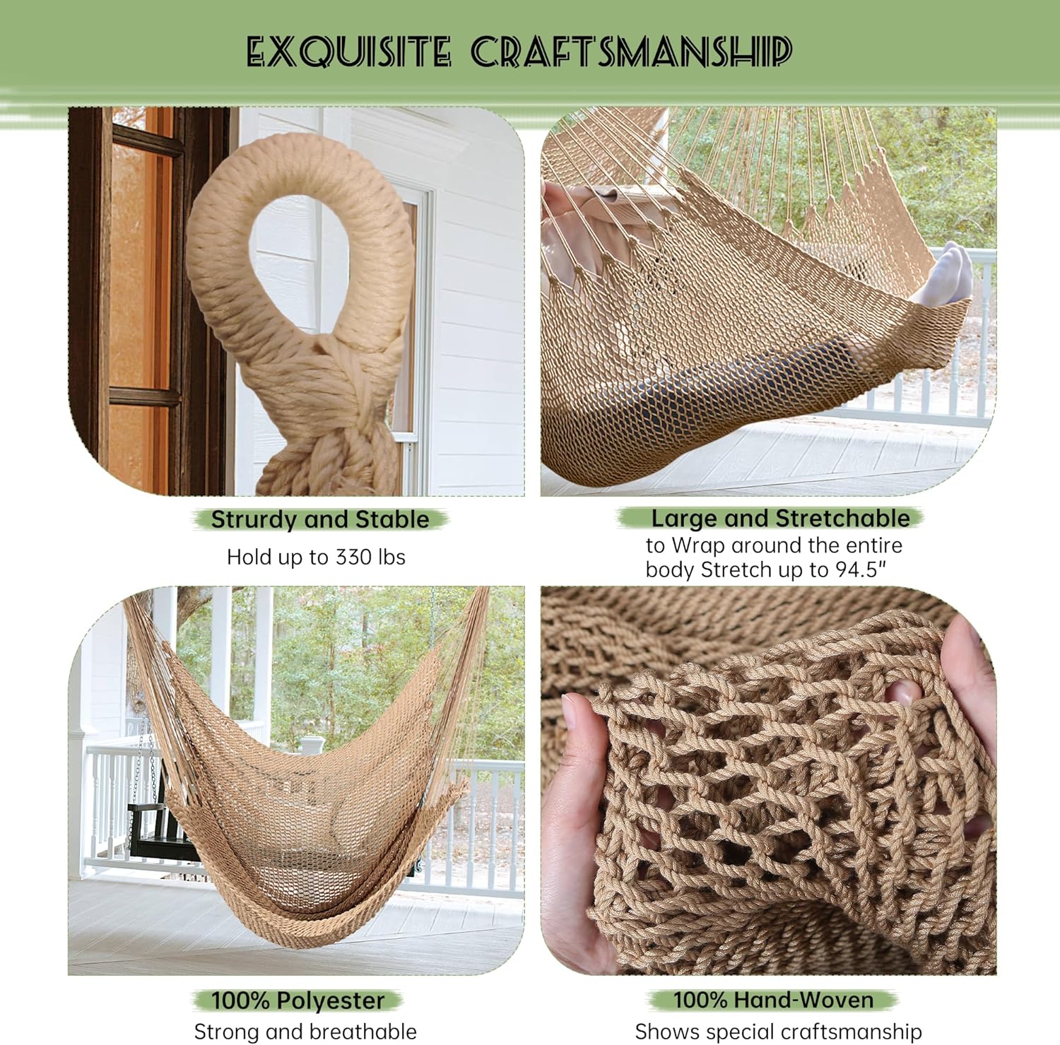 Large Hammock Chair with Hanging Straps and Hooks, Caribbean Hammock Swing Chair, XL Hammock Chair Outdoor Indoor, 330 LBS Weight Capacity, Light Brown