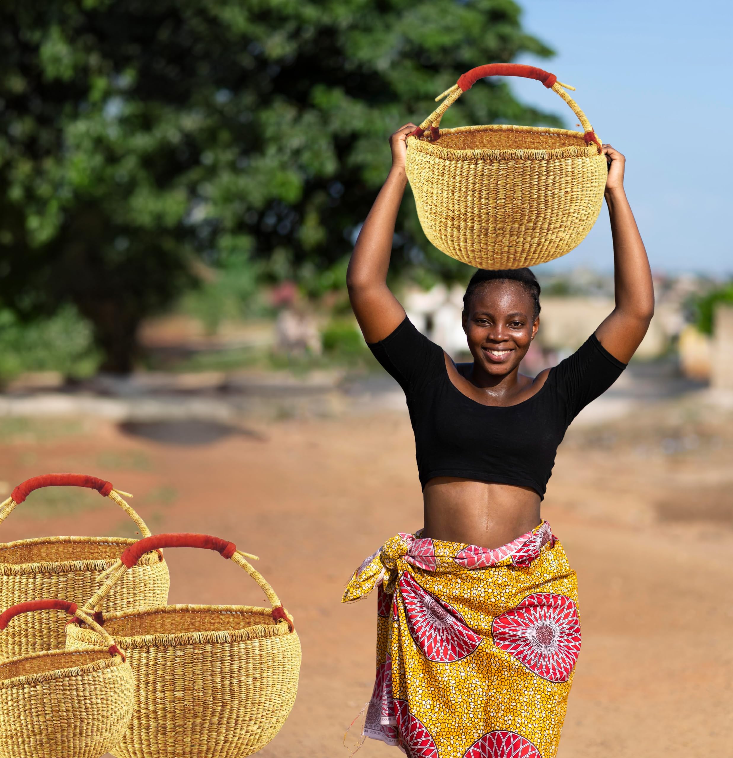 ca. 40cm Bolga Rundkorb Korb Afrika Ghana Einkaufskorb Ledergriff Natur Naturfarbe