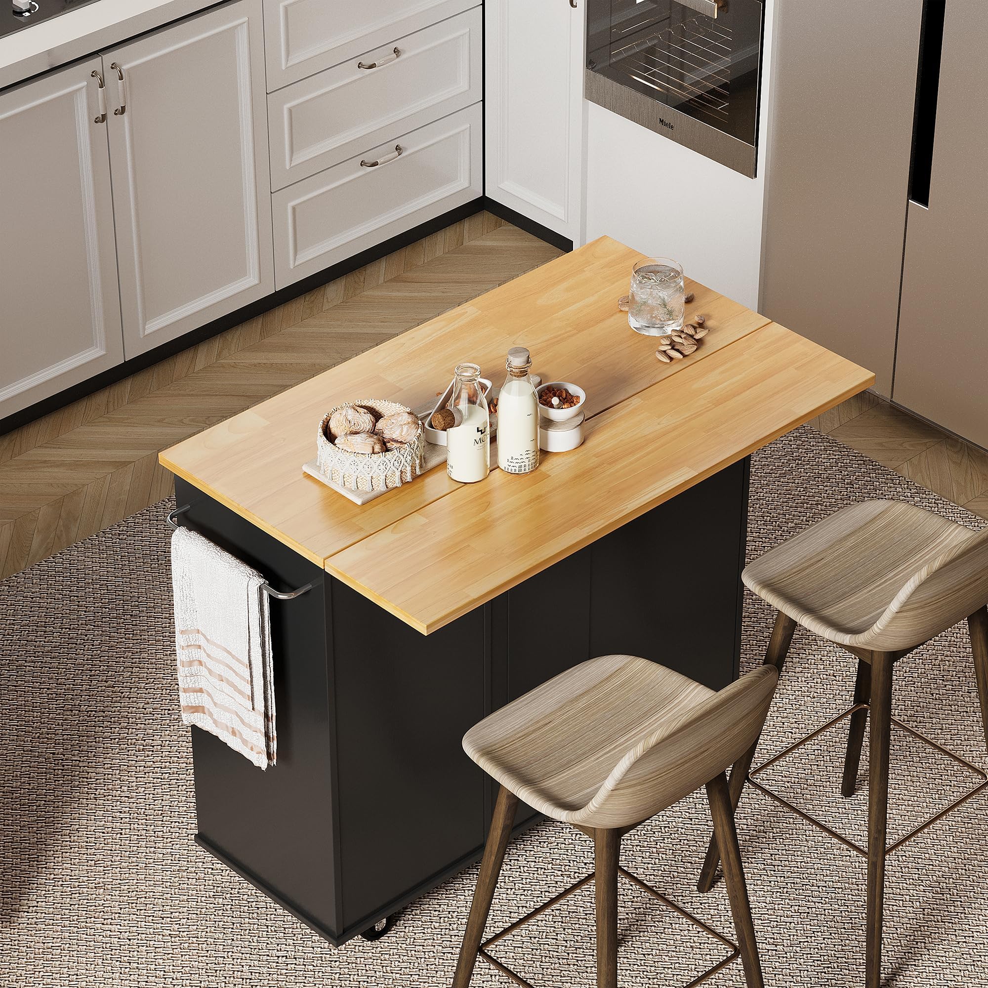 Shintenchi Rolling Kitchen Island Cart with Folding Drop Leaf Breakfast Bar, Portable Trolley Island with Large Storage Cabinet, Shelf and Drawer, Black