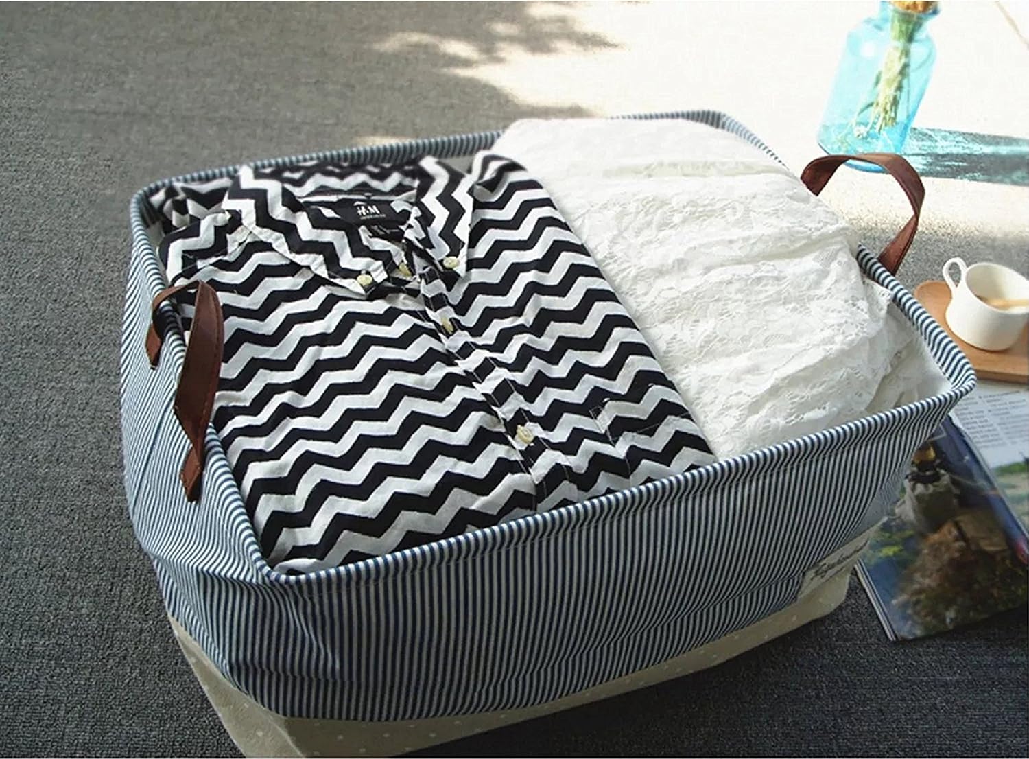 DOKEHOM 15-Inches Storage Basket with Lid, Drawstring Large Square Collapsible Canvas Laundry Hamper for Clothes Toy (Navy Blue, M)