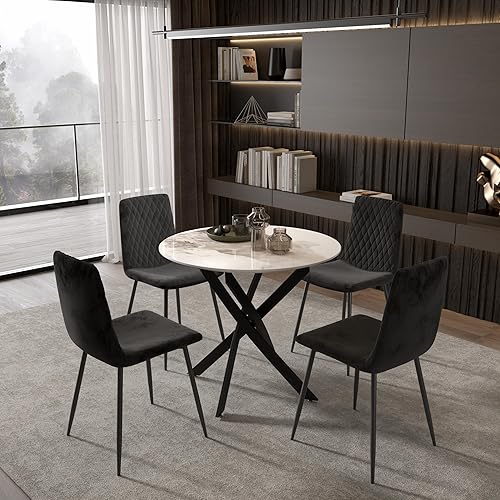 Miniatura 2 de Mesa de comedor redonda para 2-4, 31.5 pulgadas, mesa de cocina pequeña de vidrio templado con patas negras de metal, mesa de comedor moderna para