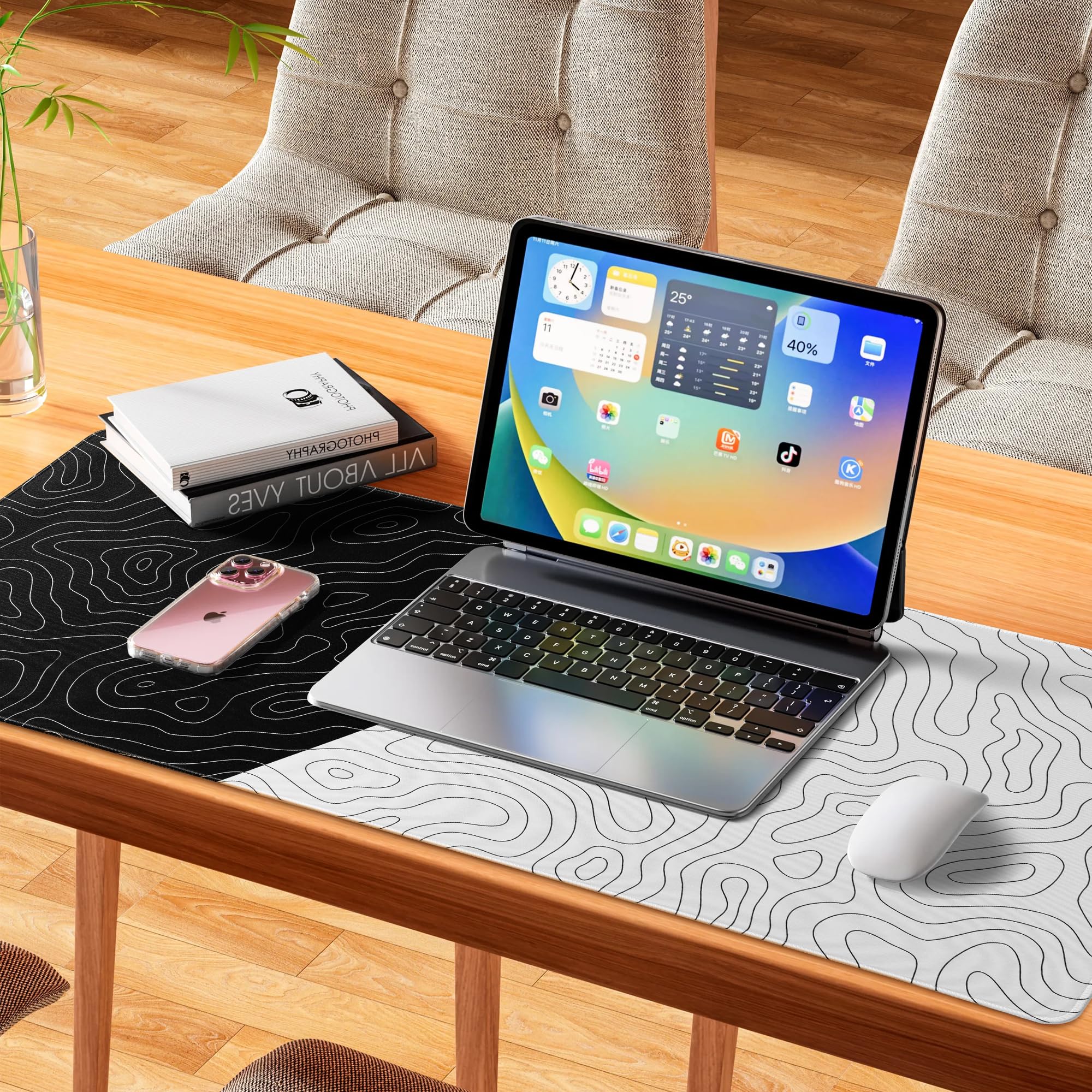 Alfombrilla de mouse grande para juegos, alfombrilla de mouse topográfica XXL negro/blanco de 35.4 x 15.7 pulgadas, almohadilla de escritorio impermeable, base de goma antideslizante, alfombrilla para