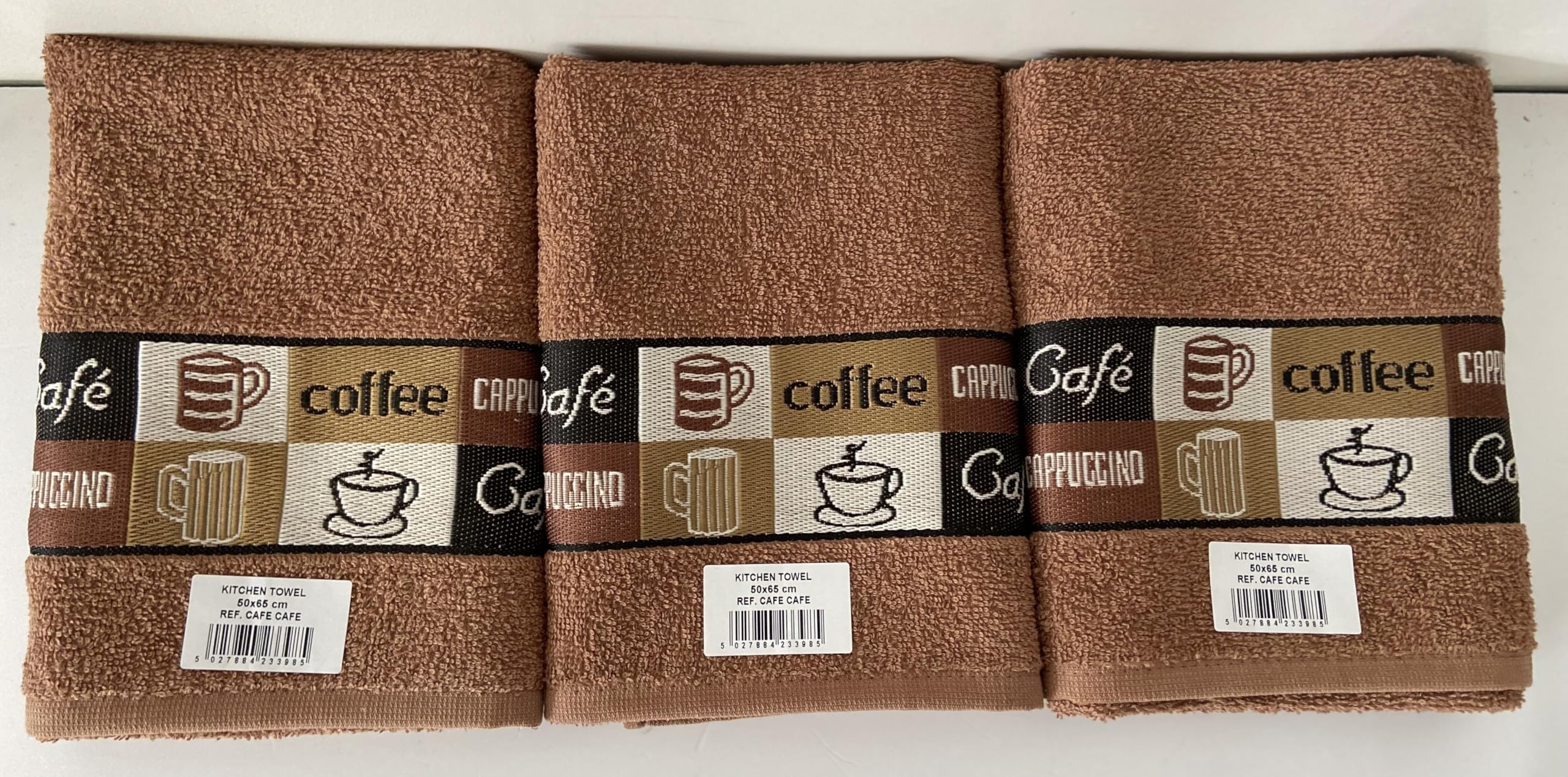 Jansons 100% Cotton Three Pack of Cafe Cafe Kitchen Tea Towels in Mocha Mousse 50cm x 65cm