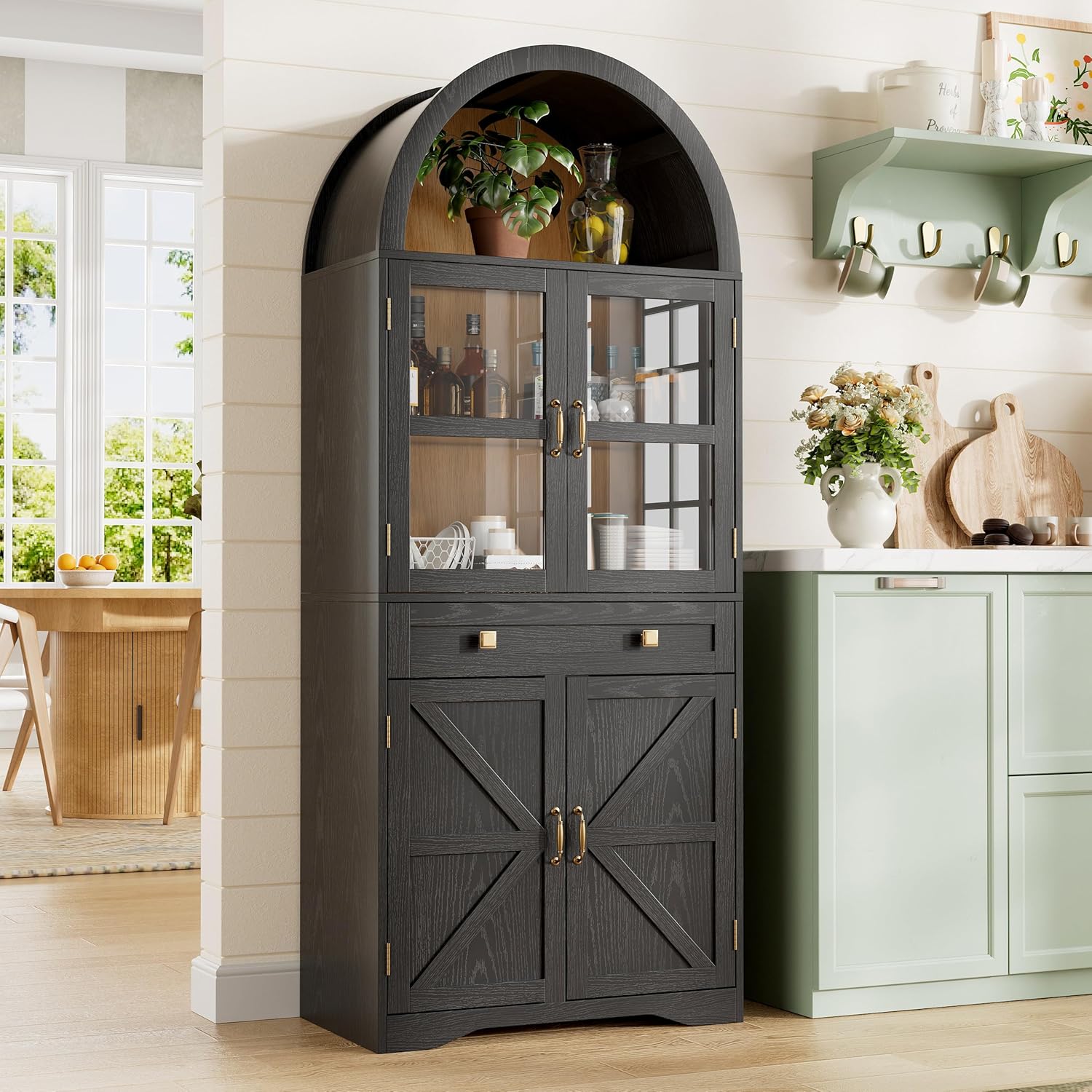 Maupvit 68.5" Tall Arched Kitchen Pantry, Kitchen Cabinet with Glass Doors, Storage Cabinet with Large Drawer and Adjustable Shelf for Dining Room, Living Room (Black)