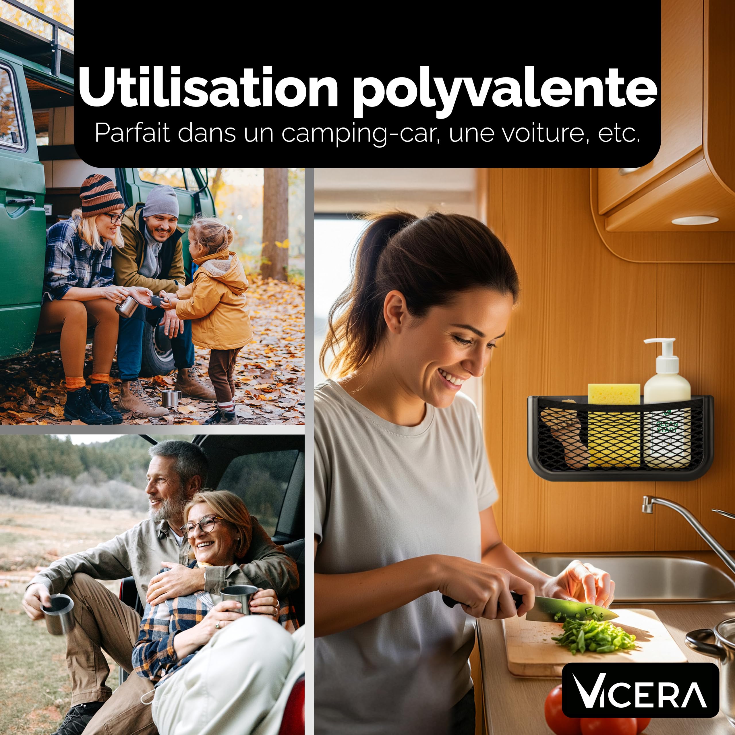 Vicera Ensemble de filets de rangement pour camping-car et caravane - 2 pièces - Filet de rangement en plastique robuste et filet élastique - Matériel de montage inclus