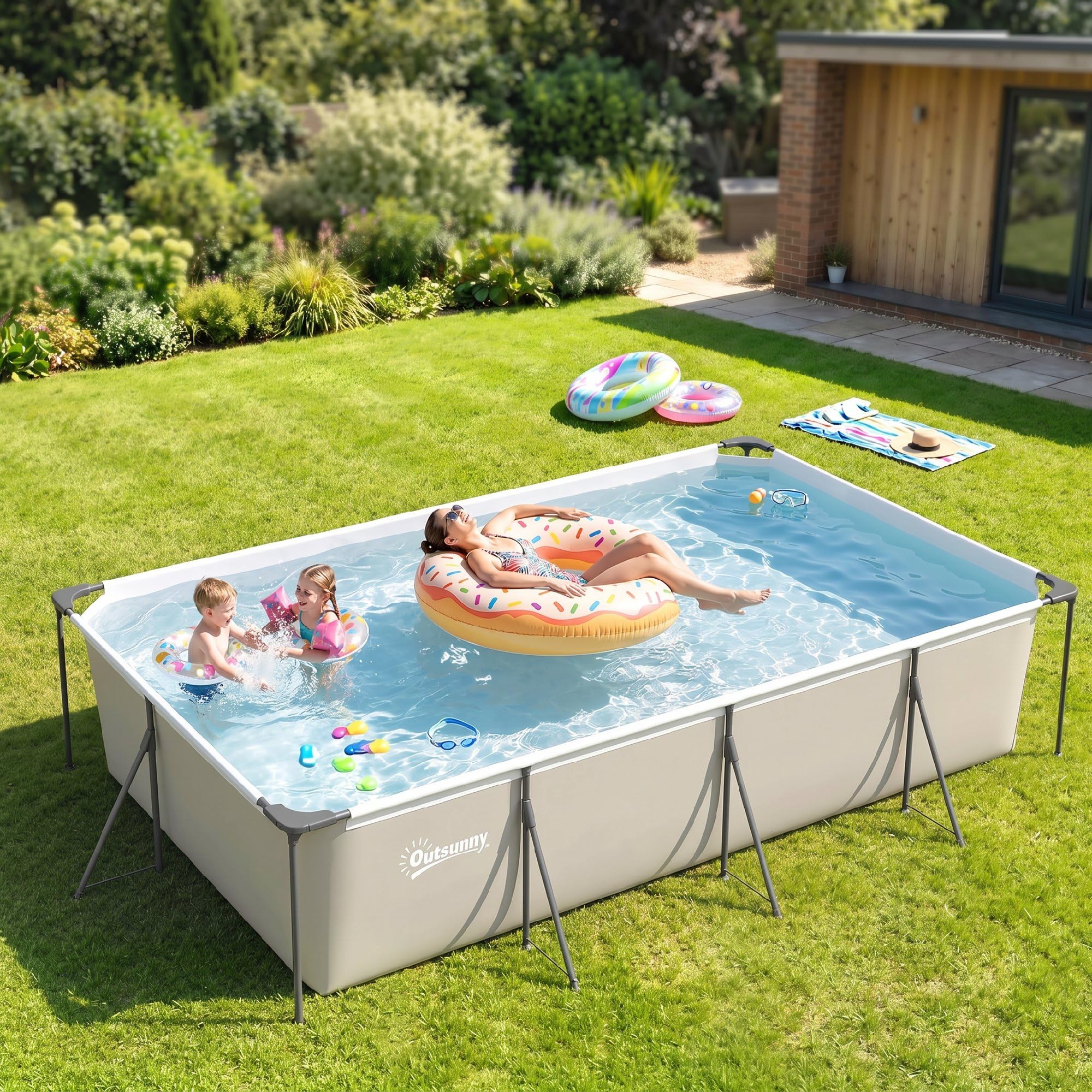 Outsunny Piscine Tubulaire Rectangulaire 394,5x208,3x80,5 cm 6075 L Gris | Nouvelle Structure Stable Antirouille, Piscine Hors Sol Famille De Jardin, Bassin PVC Triple Couche, Montage Facile