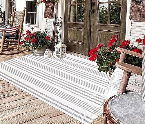 BUAGETUP Alfombra de exterior gris y blanca de 3 x 5 pies, tejida a mano, lavable a mano, lavable a máquina, para interiores y exteriores, alfombra