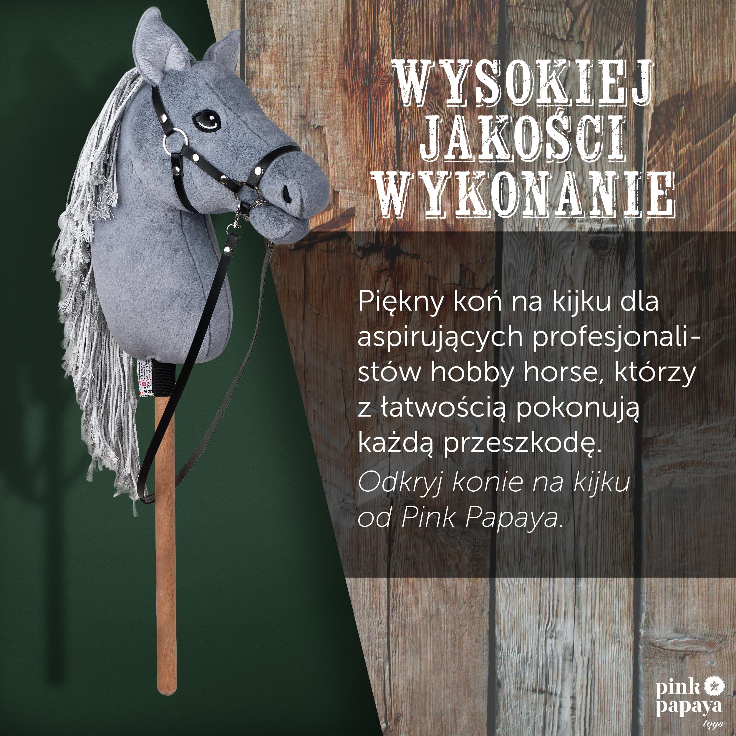 Pink Papaya Hobby Horse z uzda i trense, koń kijowy do hobby, konik do jazdy konnej dla dzieci