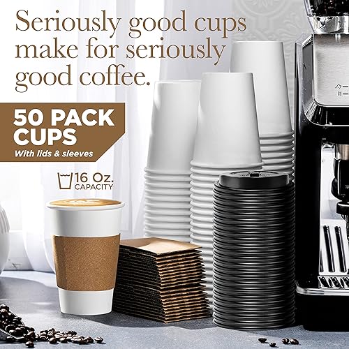Miniatura 23 de Tazas de café desechables con tapas de 10 onzas (paquete de 50) – Tazas de café de papel para bebidas calientes y frías, café, té, chocolate Diseño
