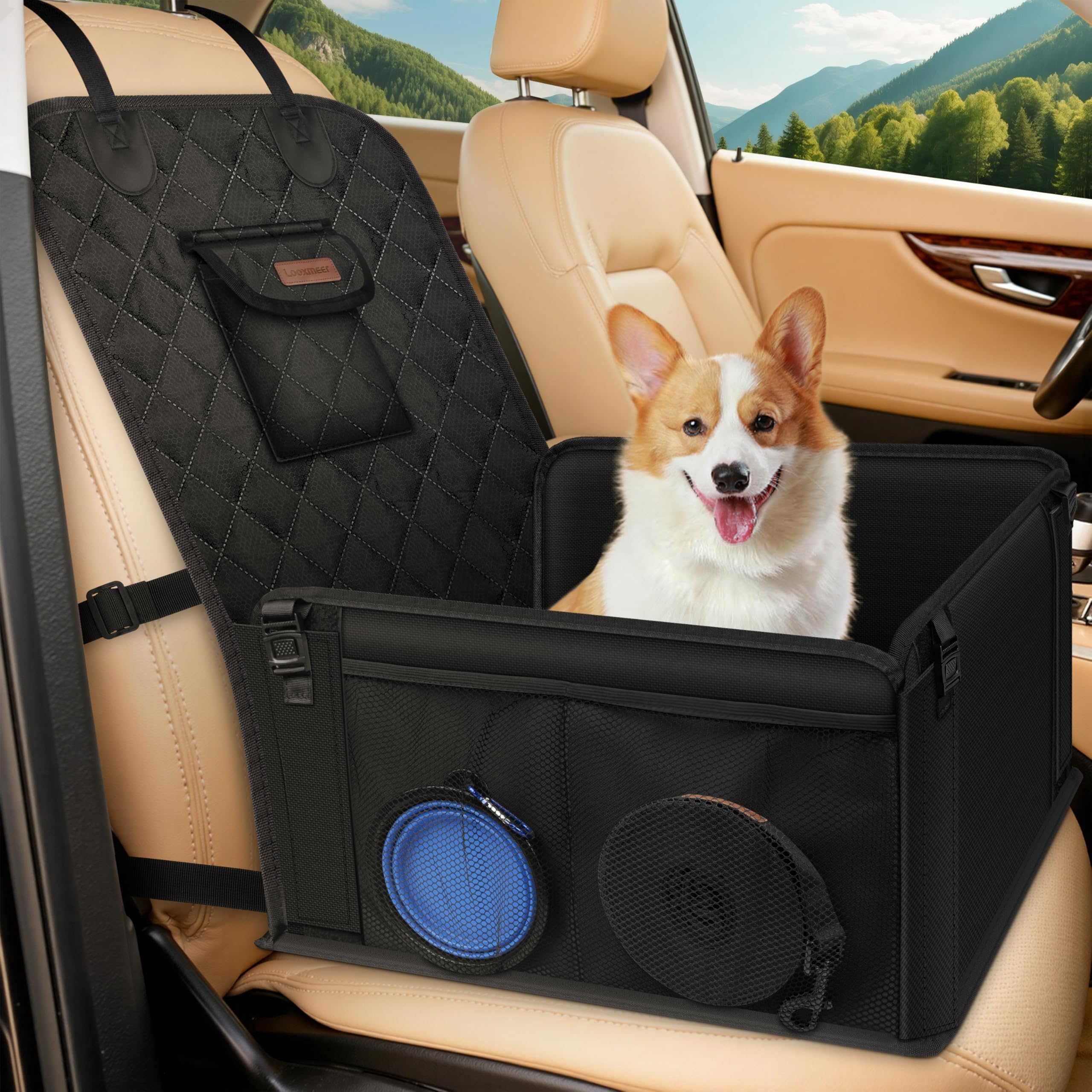 Siège Auto Chien Sécurisé Imperméable et Anti-Griffes, Filet de Rangement et Ceinture Sécurité Adjustable, Installation Facile sur Siège Passager pour Chiens de Petite et Moyenne Taille, Noir