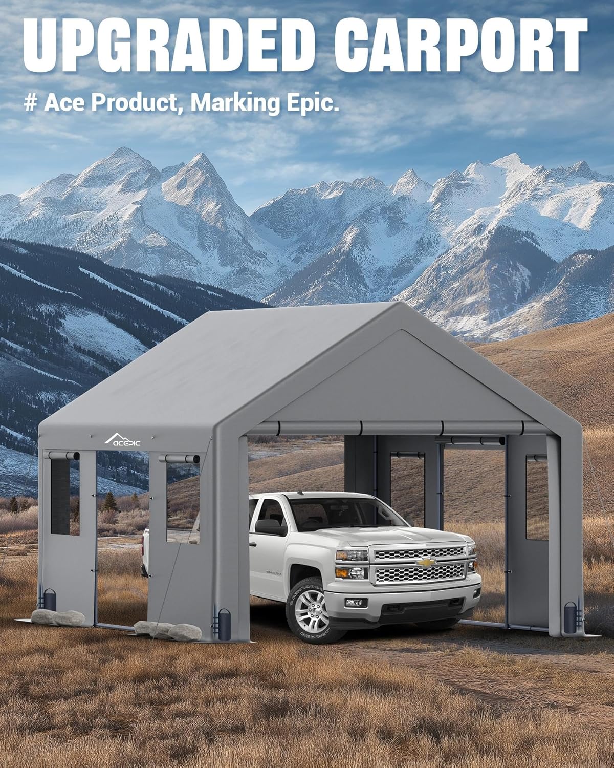 Acepic Upgraded 13x20 Heavy Duty Carport, Features Roll-up Windows & Doors, Portable Garage with UV Resistant Waterproof All-Season Tarp for Car, Truck, Boat