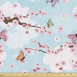 Ambesonne Cherry Blossom Fabric by The Yard, Fantasy Composition with Spring Inspired Nature Elements Butterflies Clouds, Decorative Fabric for Upholstery and Home Accents, 1 Yard, Pastel Blue