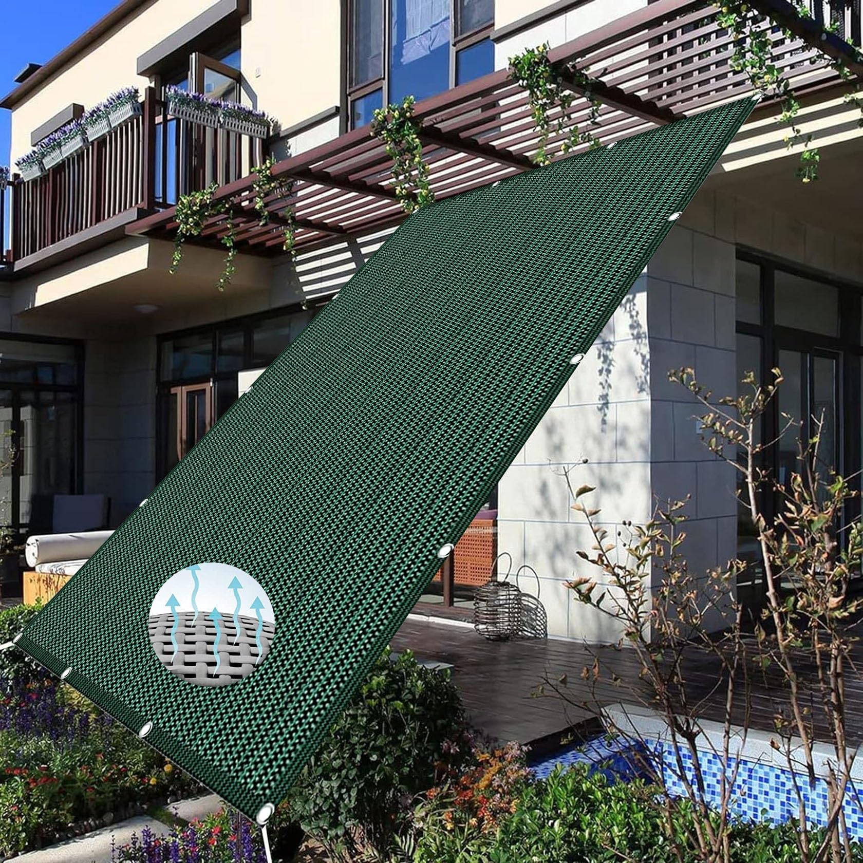 Markisenstoffe 5 x 5 m Rechteckig Sonnenschutz Markise mit Ösen Ohne Bohren 95% UV Schutz Windschutz Reißfest Segeltuch für Balkon Terrasse Garten, Dunkelgrün