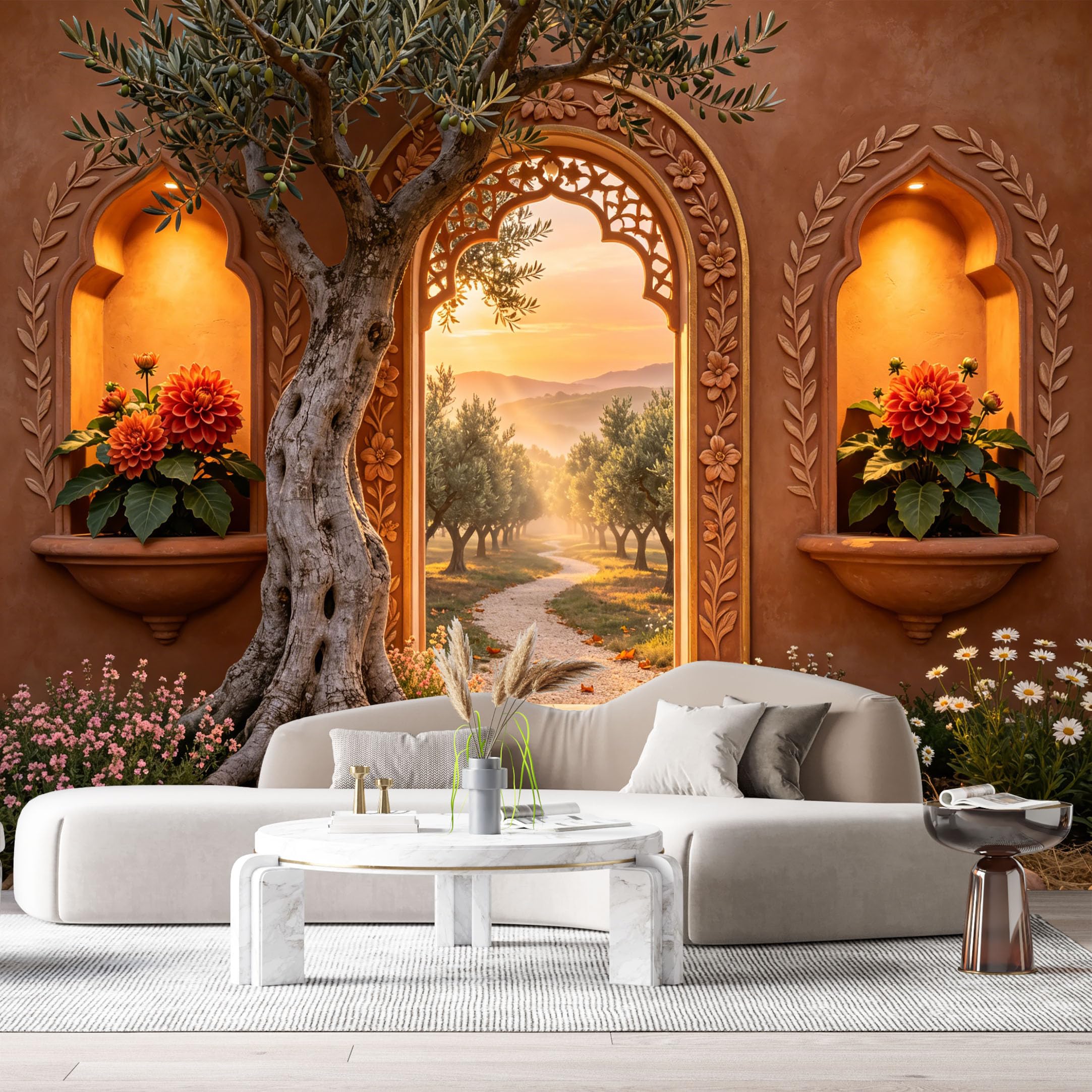 Custom Size Wall Murals Mediterranean Archway Botanical Olive Tree Floral 3D Trompe L'Oeil SelfAdhesive Wall Fabric Removable Large Wallpaper for Photo Living Room