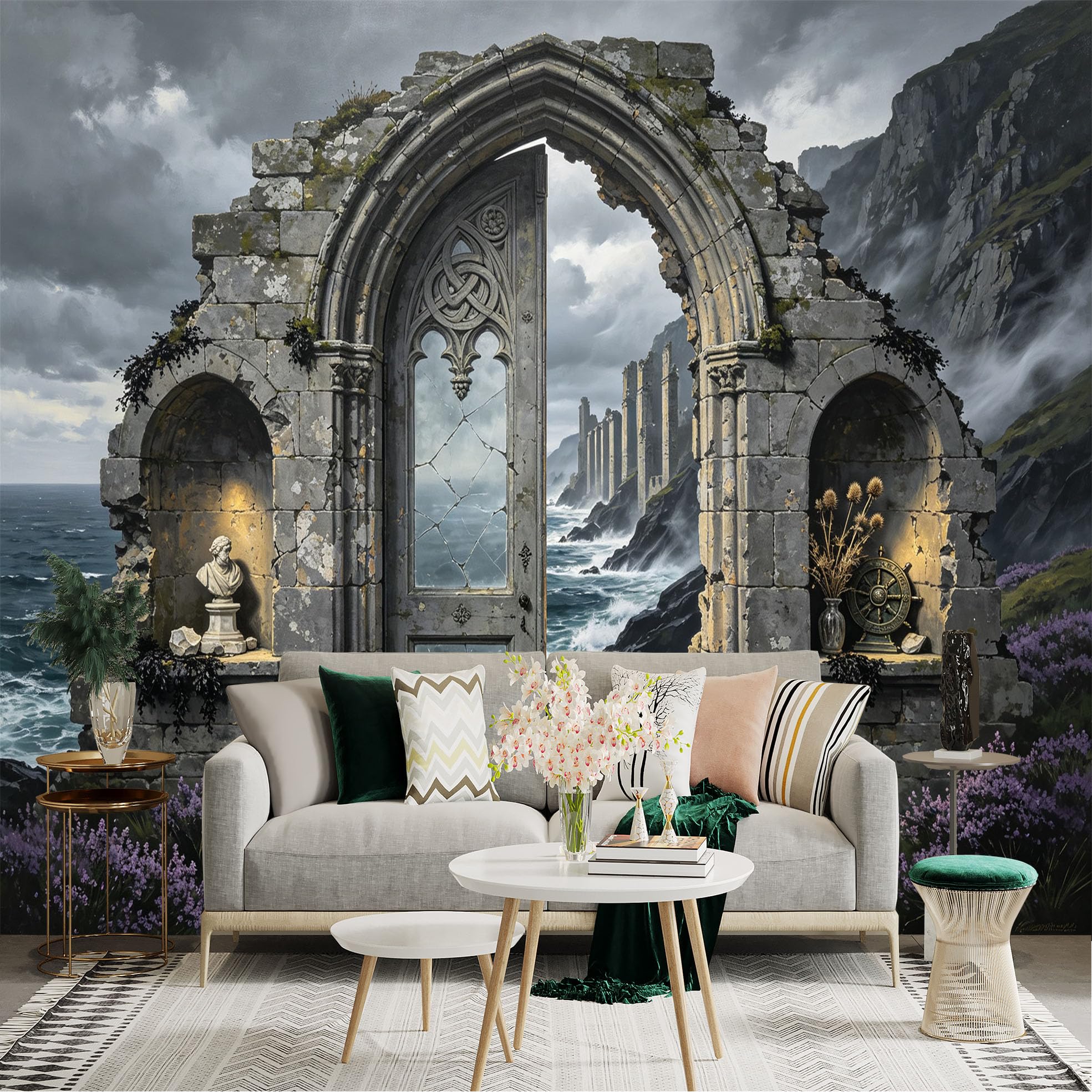 Lnzczhyre Bh260719191 Custom Size Wall Sticker Mural， Ancient Stone Archway， Misty Ocean Coastline， Fantasy Ruined Castle， Surreal Landscape View， For Wall Decoration， Peelandstick Wall Decals.