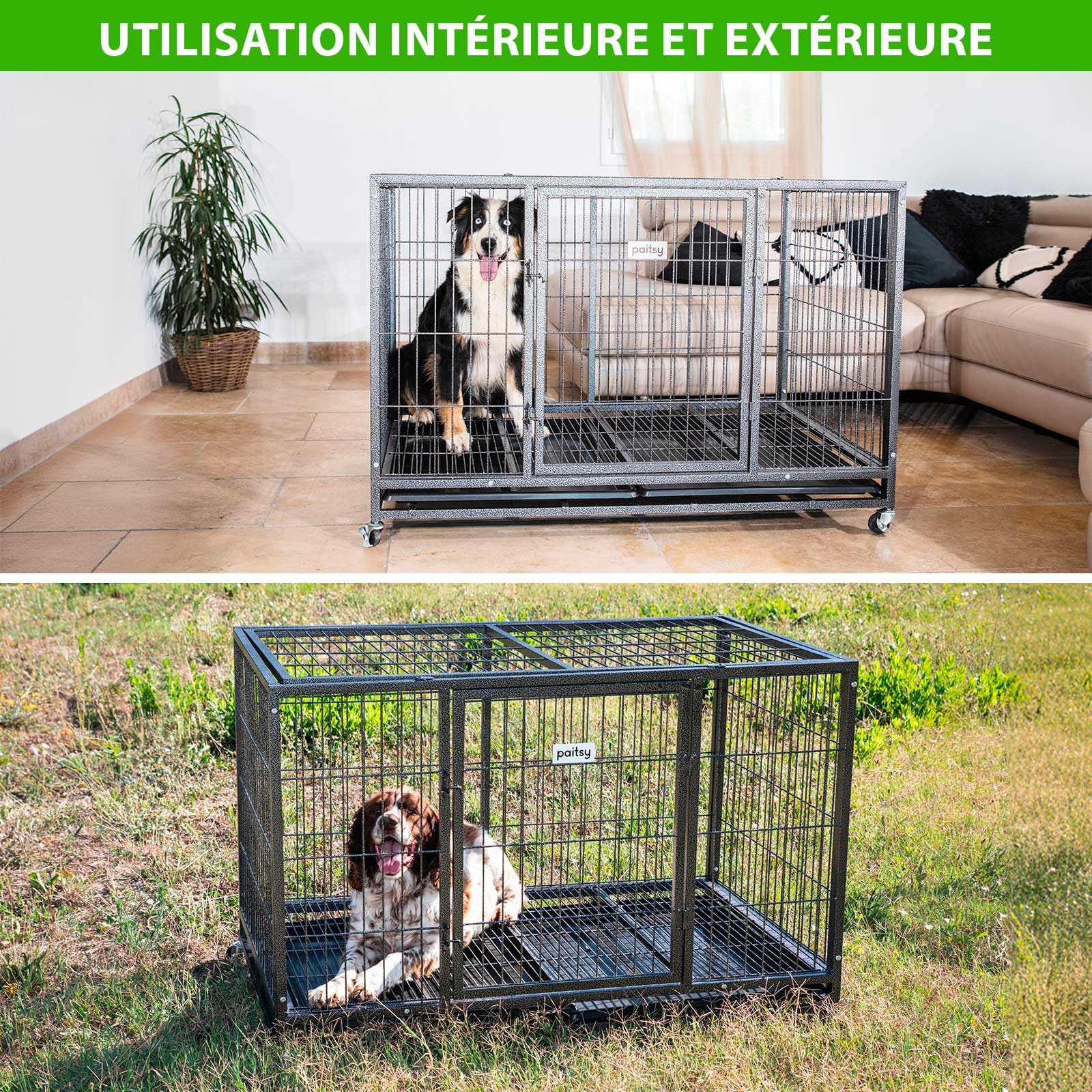Cage pour Chien intérieur et extérieur MouvedyXL, 123x79x84cm, Caisse de Transport, Roues verrouillables, Pliable, 2 Portes, Plateau Amovible Paitsy