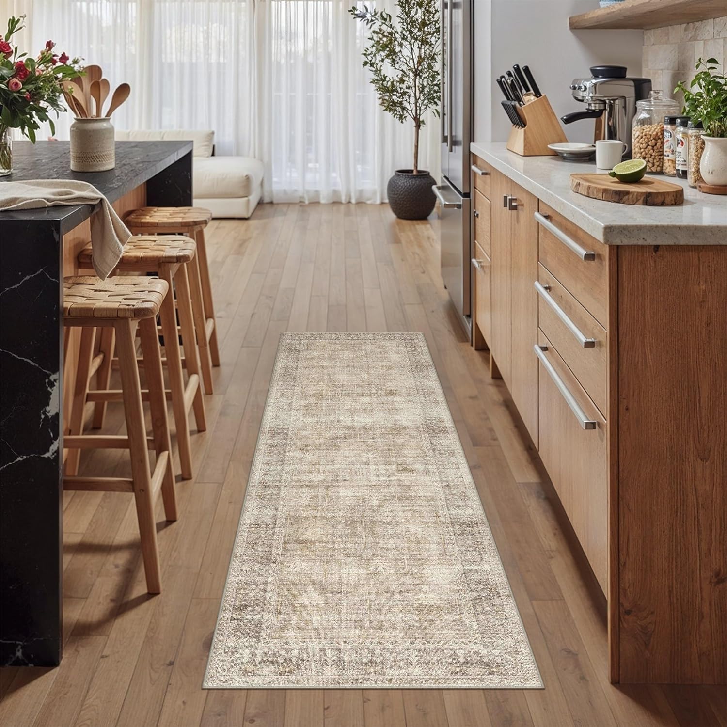HUGEAR Retro 2x6 Washable Runner Rugs Beige Hallway Bedroom Kitchen Throw Carpet Vintage Distressed Neutral Stain Resistant Non Slip & Shedding Low Pile for Home Aesthetic Decor