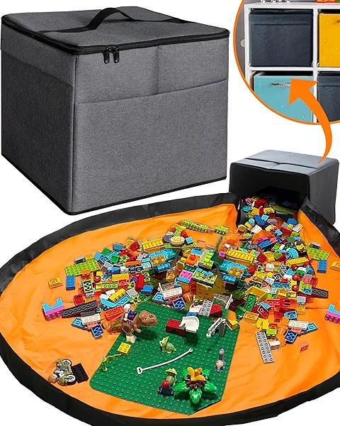 XL Toy Storage Organizer with Play Mat - Storage Bag/Box for Kids, Boys, Girls, Nursery, Playroom - Basket for Building Bricks/Blocks - Collapsible Fabric Cube Bin, 13"x13"x15"
