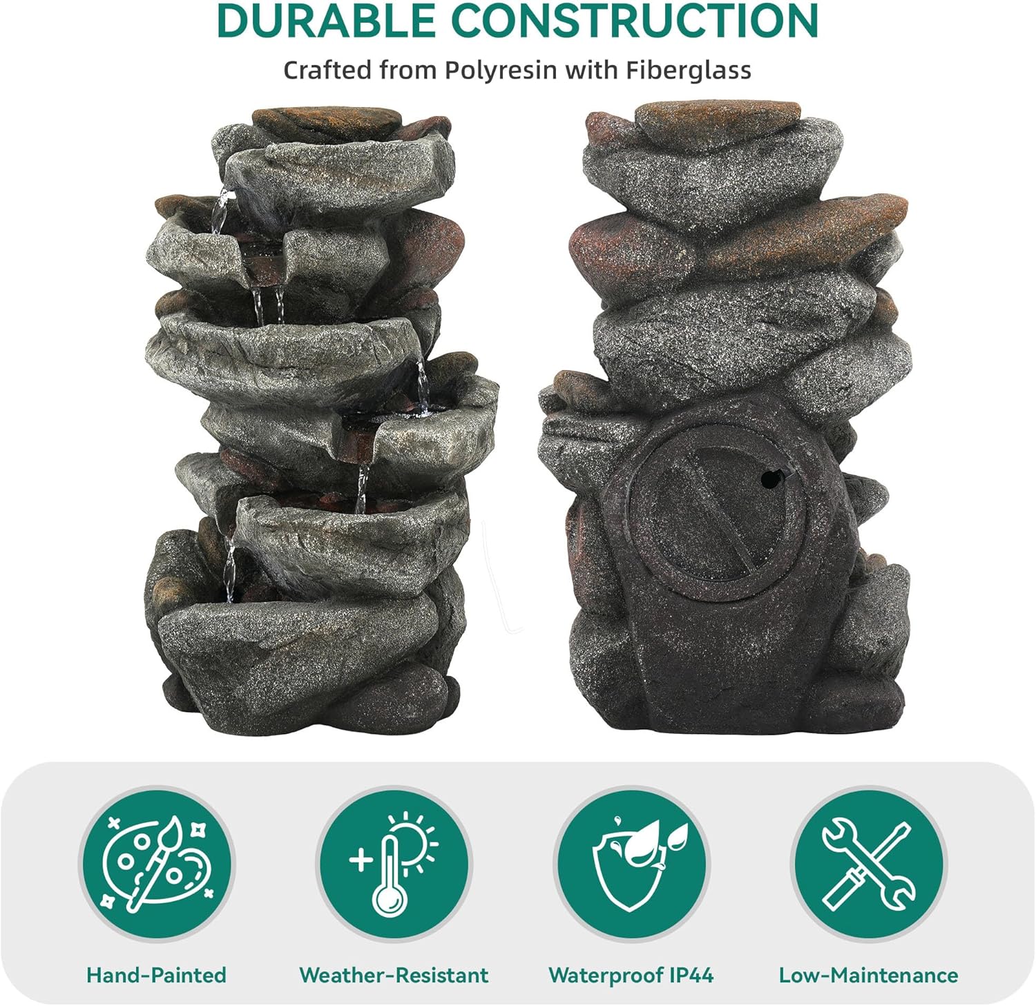 20" H Outdoor Water Fountain with LED Lights, 5-Tier Cascading Rock Waterfall for Garden Patio Yard, Weather-Resistant Polyresin Water Feature for Tranquil Zen Oasis