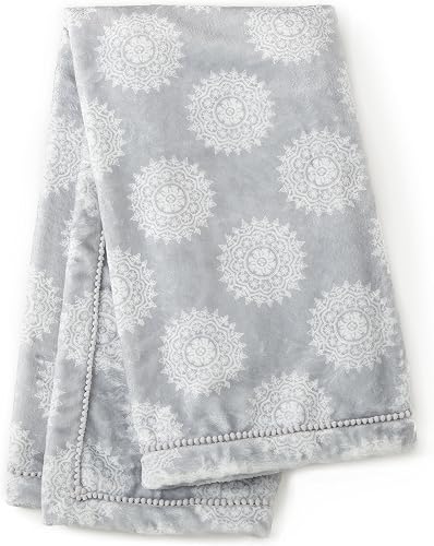 Levtex Baby - Willow Plush Blanket - White Medallions on Grey Plush - White and 