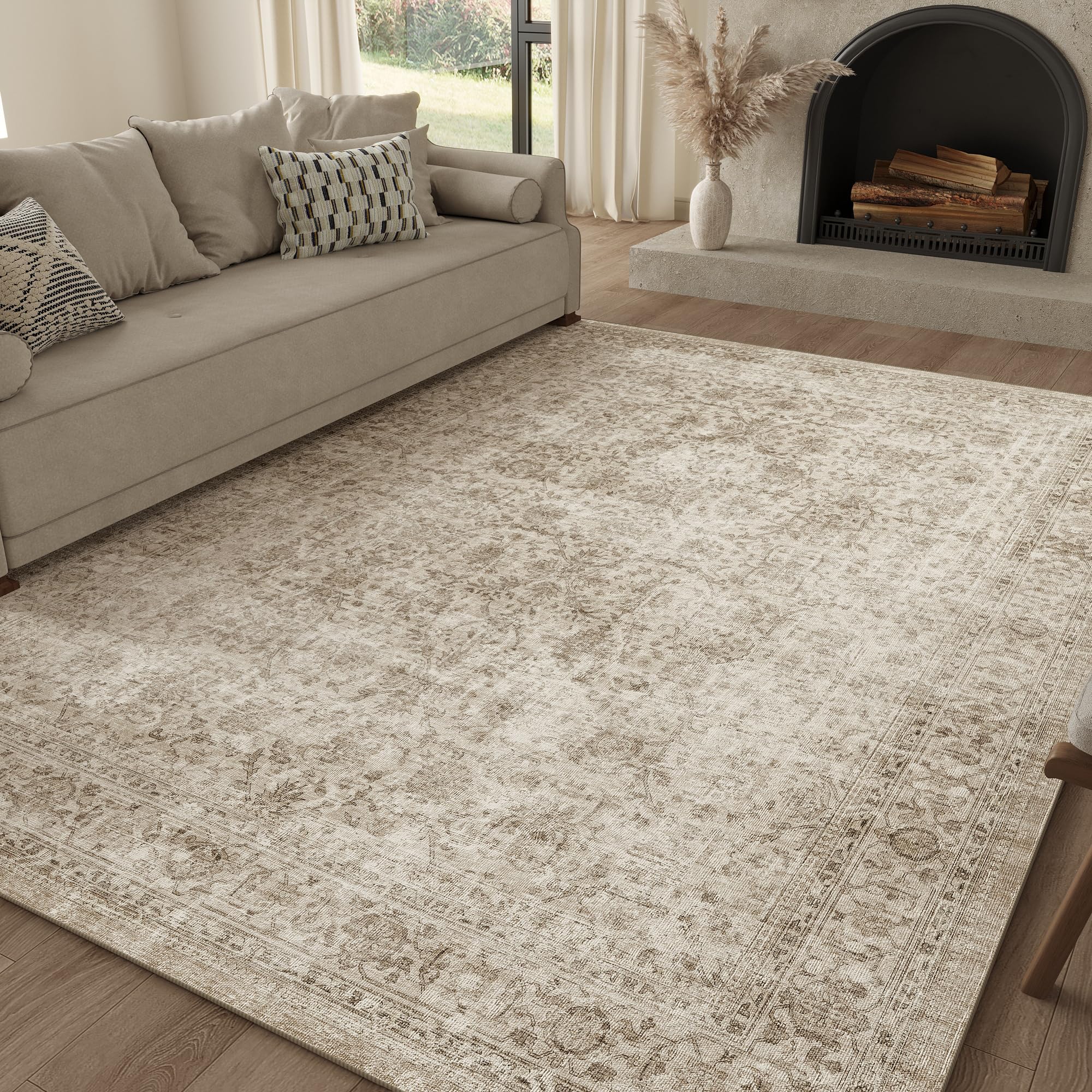 Beauoop Washable Area Rug Beige Neutral Vintage 160x230 cm Non Slip Low Pile Traditional Indoor Carpet for Living Room Bedroom Soft Retro Mat Throw Rug for Dining Office Kitchen Dorm Entryway โ image 1