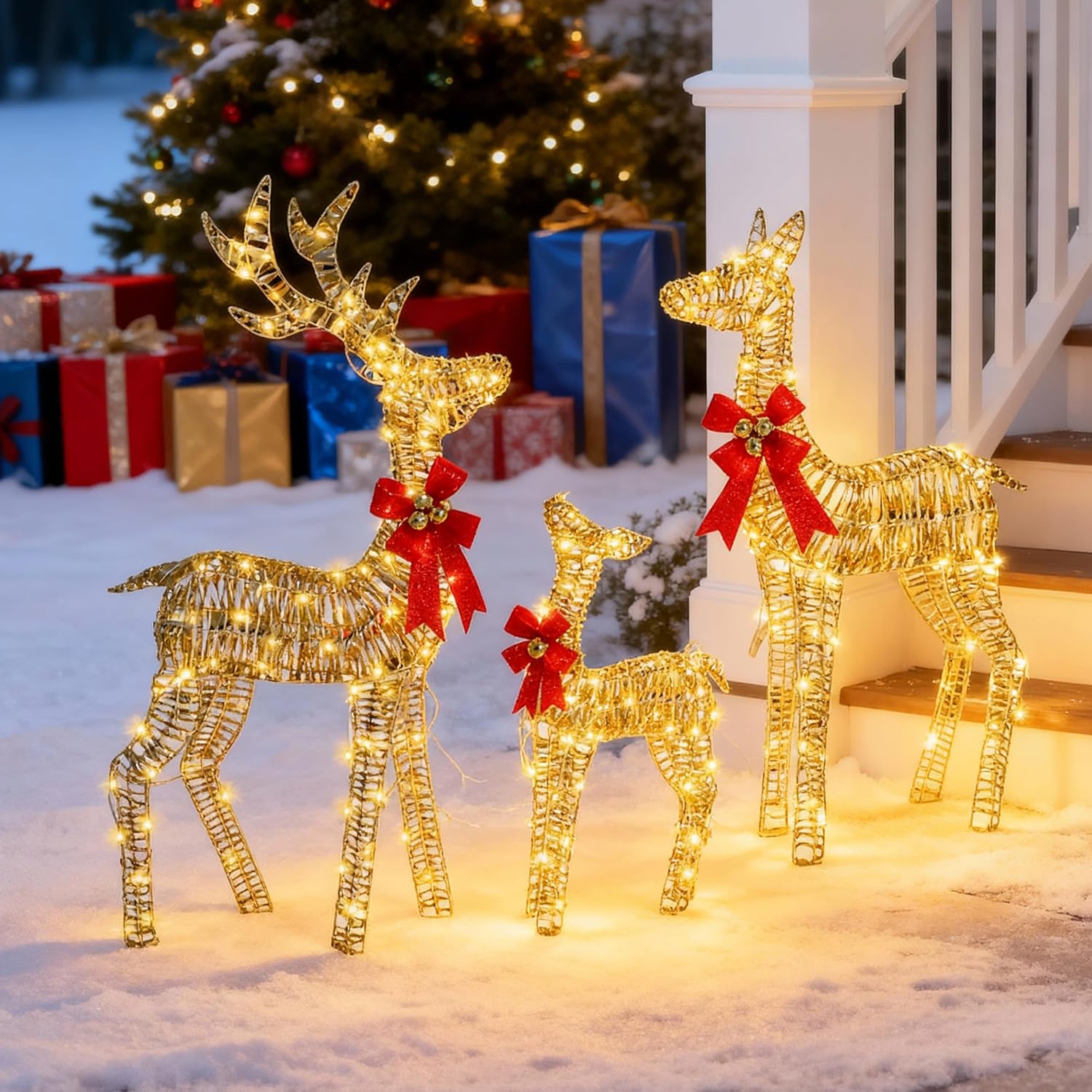 3-Piece Large Christmas Deer Outdoor Decorations, 4.5ft Lighted Reindeer Family Set Christmas Yard Decor, Light Up Reindeer Christmas Decor with 350 LEDs, Stakes, Zip Ties, Unique Gold Rattan Reindeer-Gold 54 inch