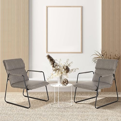 Miniatura 6 de MAISON ARTS Silla decorativa de cuero con marco de acero, sillón moderno de mediados de siglo, tapizado suave para el hogar, oficina, estudio, sala