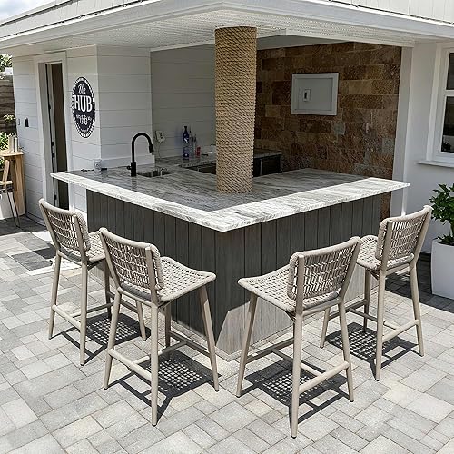 Miniatura 8 de PURPLE LEAF Juego de 2 sillas de bar de metal con respaldo de mimbre para cocina, isla, piscina, jardín, taburetes de bar al aire libre, champán