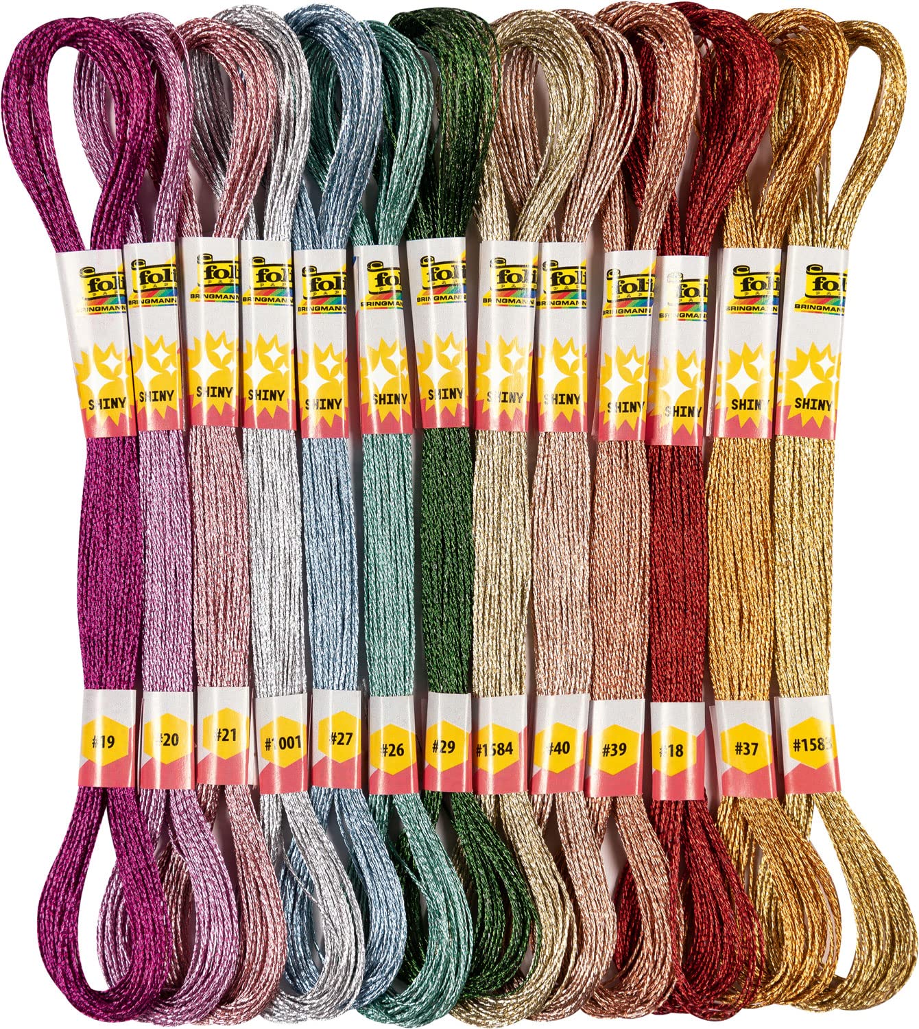 folia 23994 Embroidery Thread Metallic, 100% Polyester, 26 Docks of 8 m in 13 Metallic Shimmer Colours, Assorted for Embroidery, Knotting and Crafts