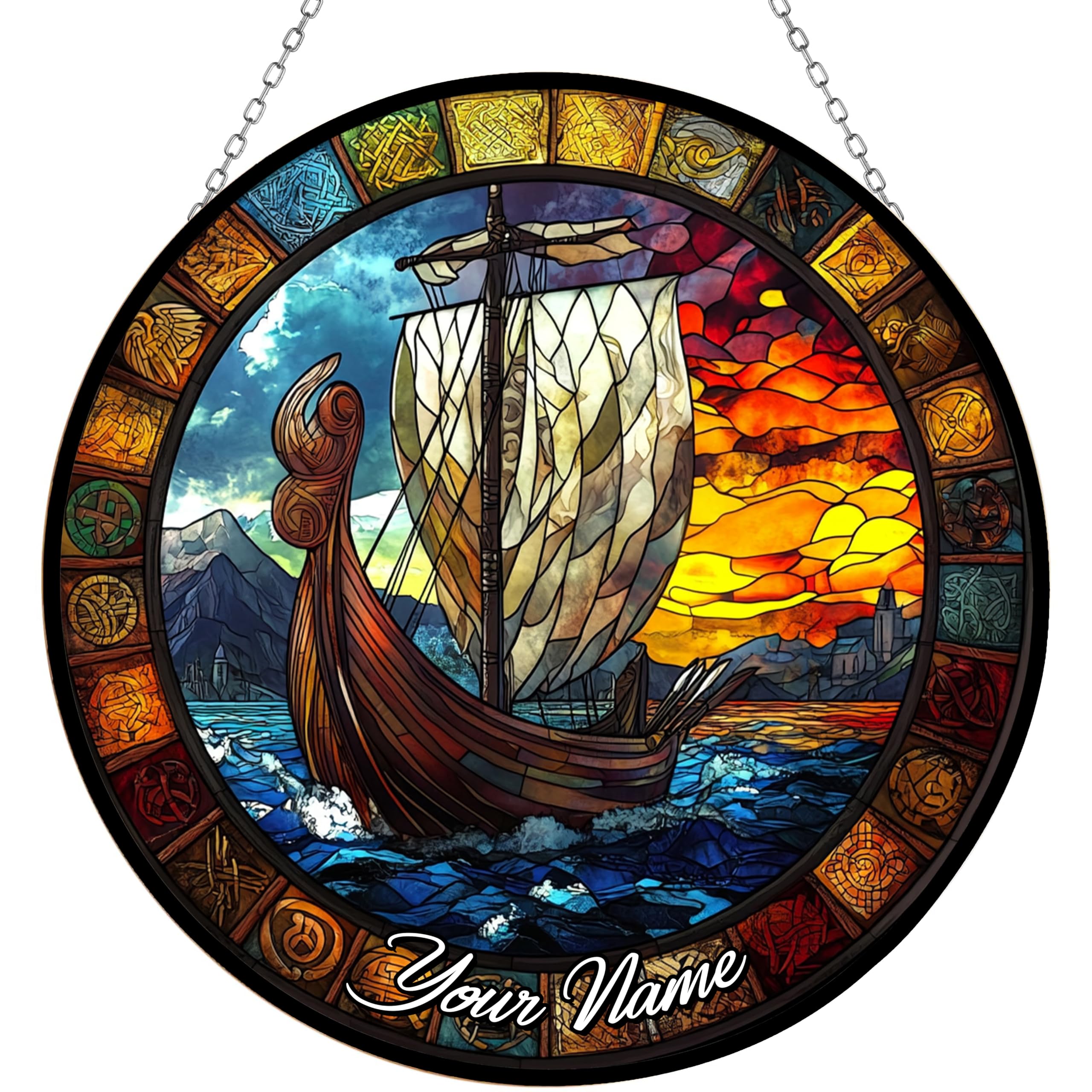 365CUSGIFTS Viking Stained Glass Sun Catcher, Wall Hanging Colored Decor Room Indoor Window Decor, Halloween, Christmas Hanging Ornament Mother Day