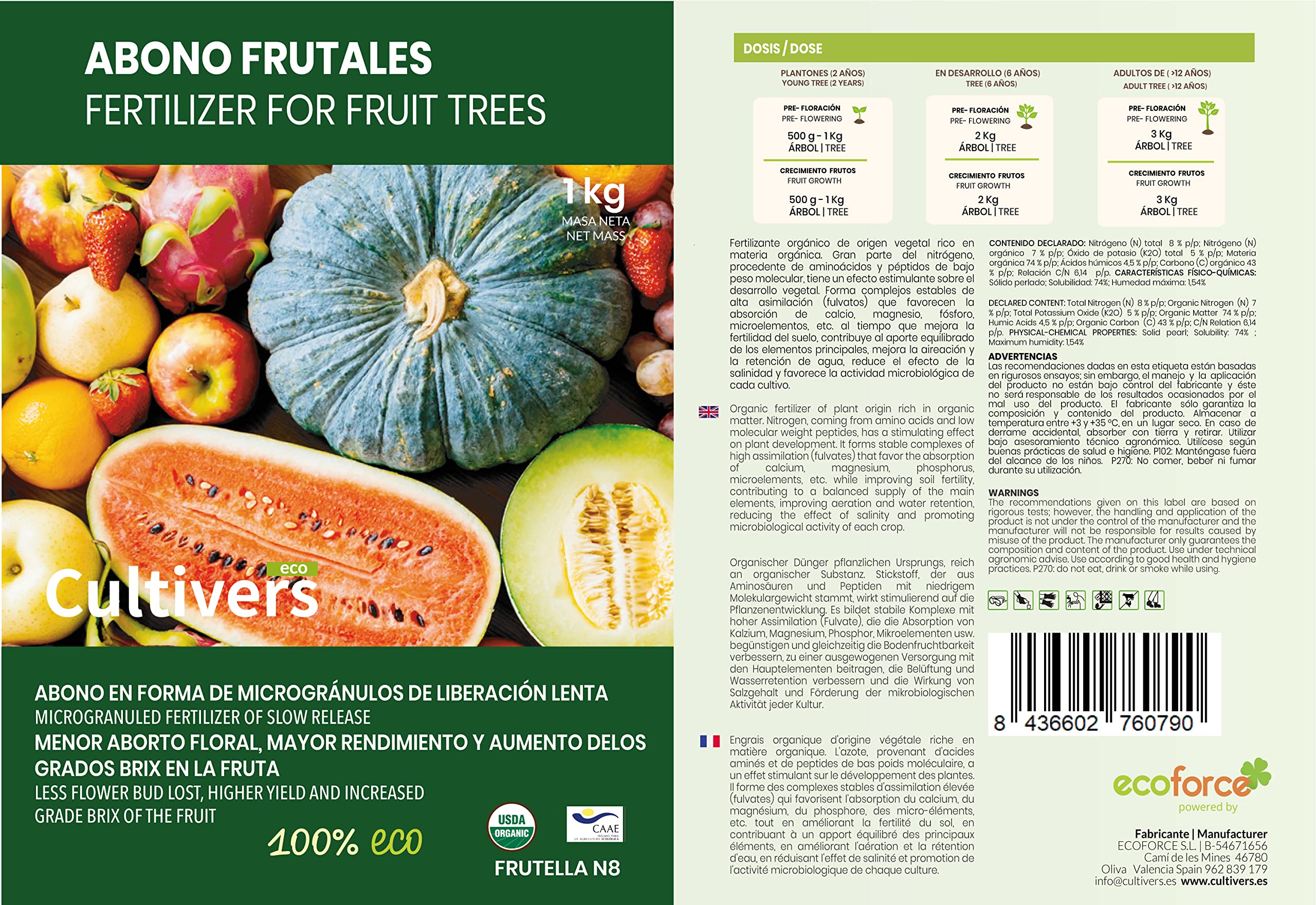 CULTIVERS Abono Frutales Ecológico 20 kg. 100% Orgánico y Vegano. Mayor Rendimiento y Aumento del Calibre del Fruto