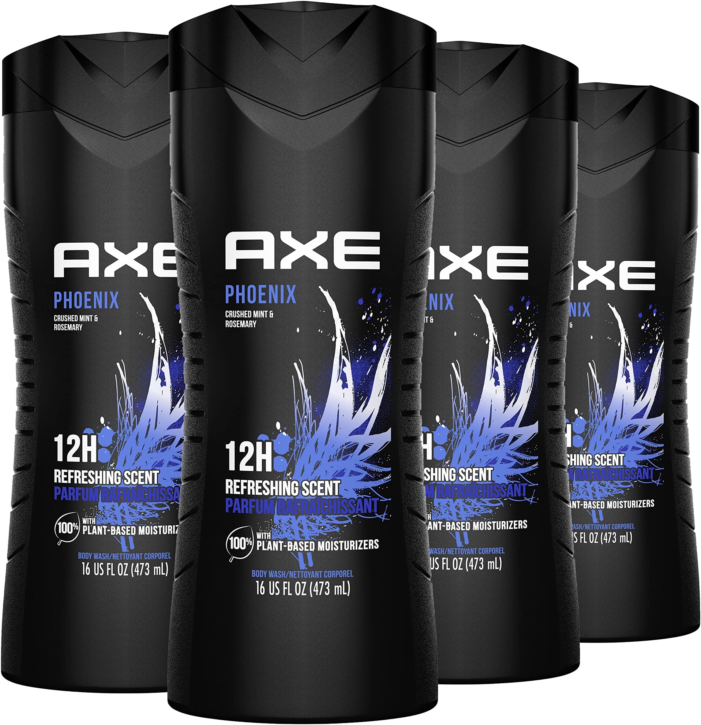 Body Wash Phoenix 4 Count 12h Refreshing Scent Crushed Mint & Rosemary Men's Body Wash with 100% Plant-Based Moisturizers 16 oz