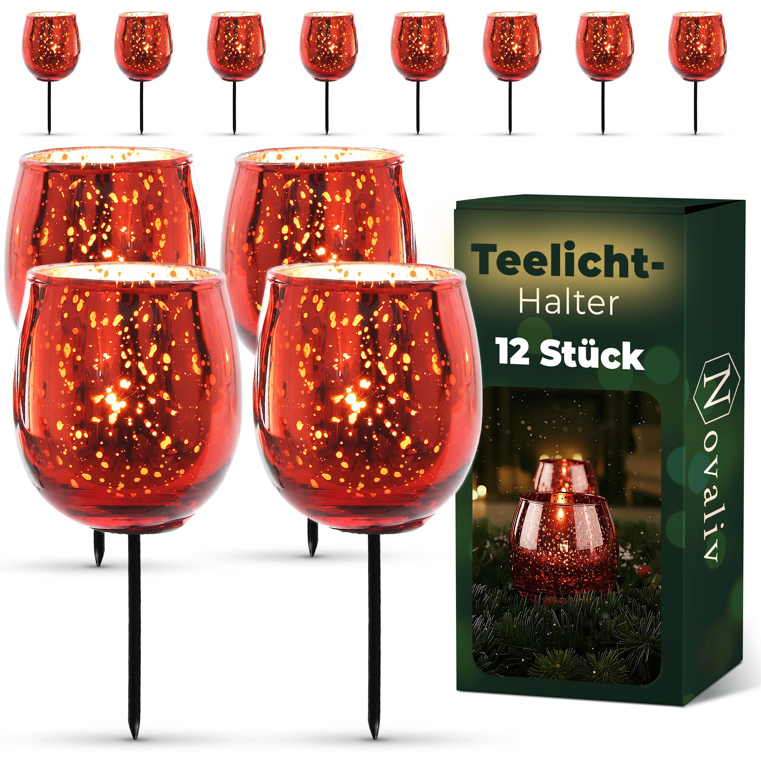 12x Teelichthalter Glas für Adventskranz 6cm Bauchig Rot - Kerzenhalter Klein, Kerzenpicks für Teelichter, Weihnachtskranz - 3X 4er Teelicht Gesteck Weihnachten Dekoration Xmas